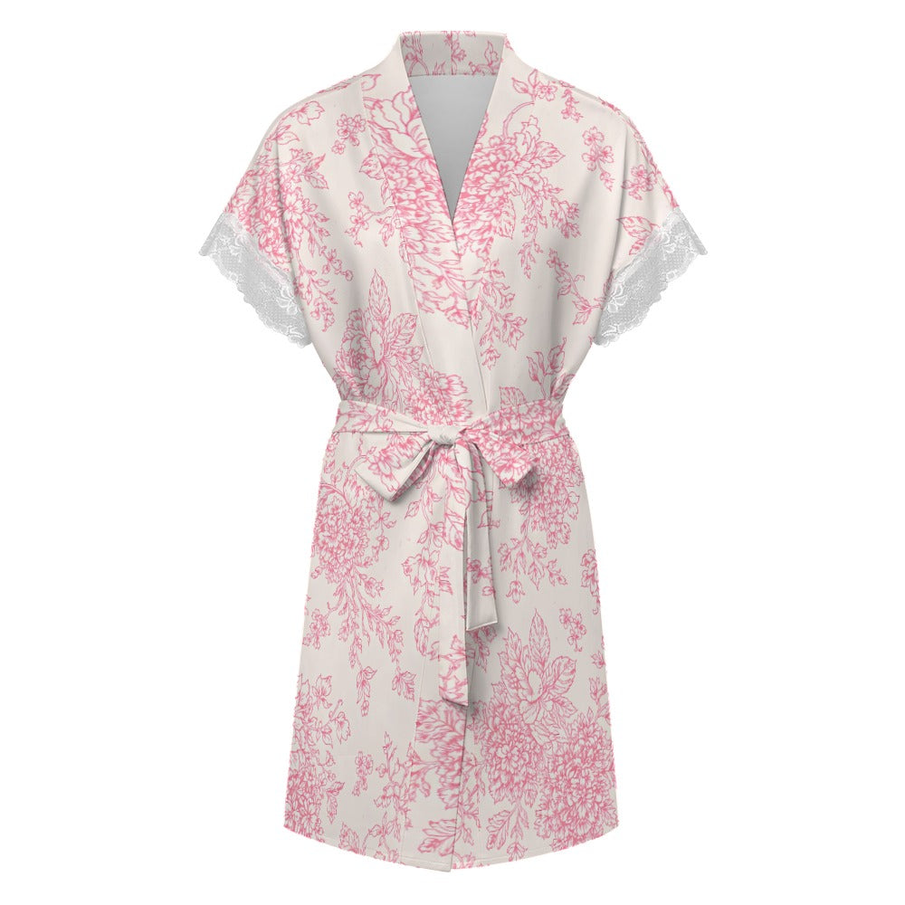 The Blush Garden Collection  Women's lace-trimmed short-sleeved bathrobe with belt