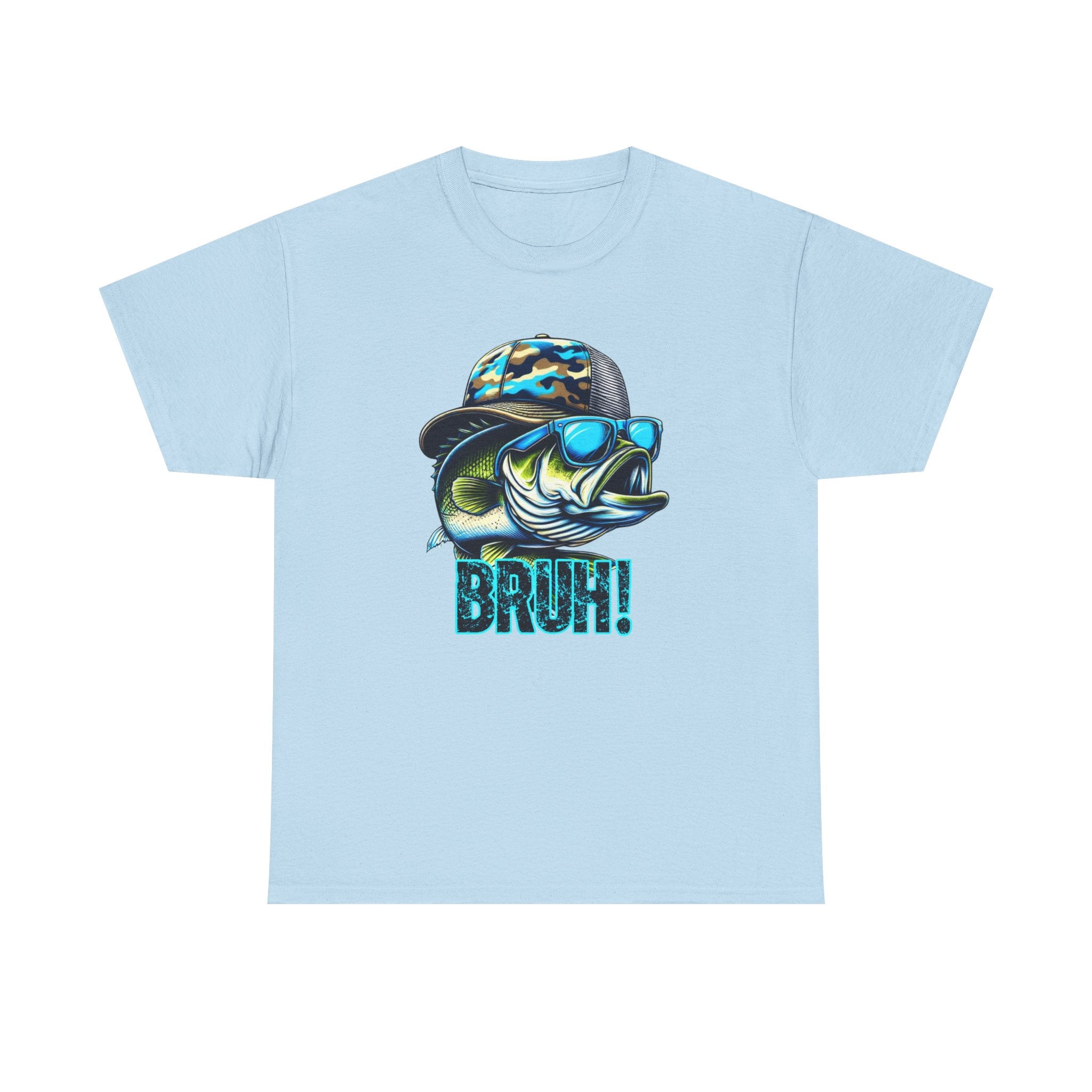 Fishing Fish Graphic Tee — 'BRUH!' Bass with Camo Hat & Sunglasses