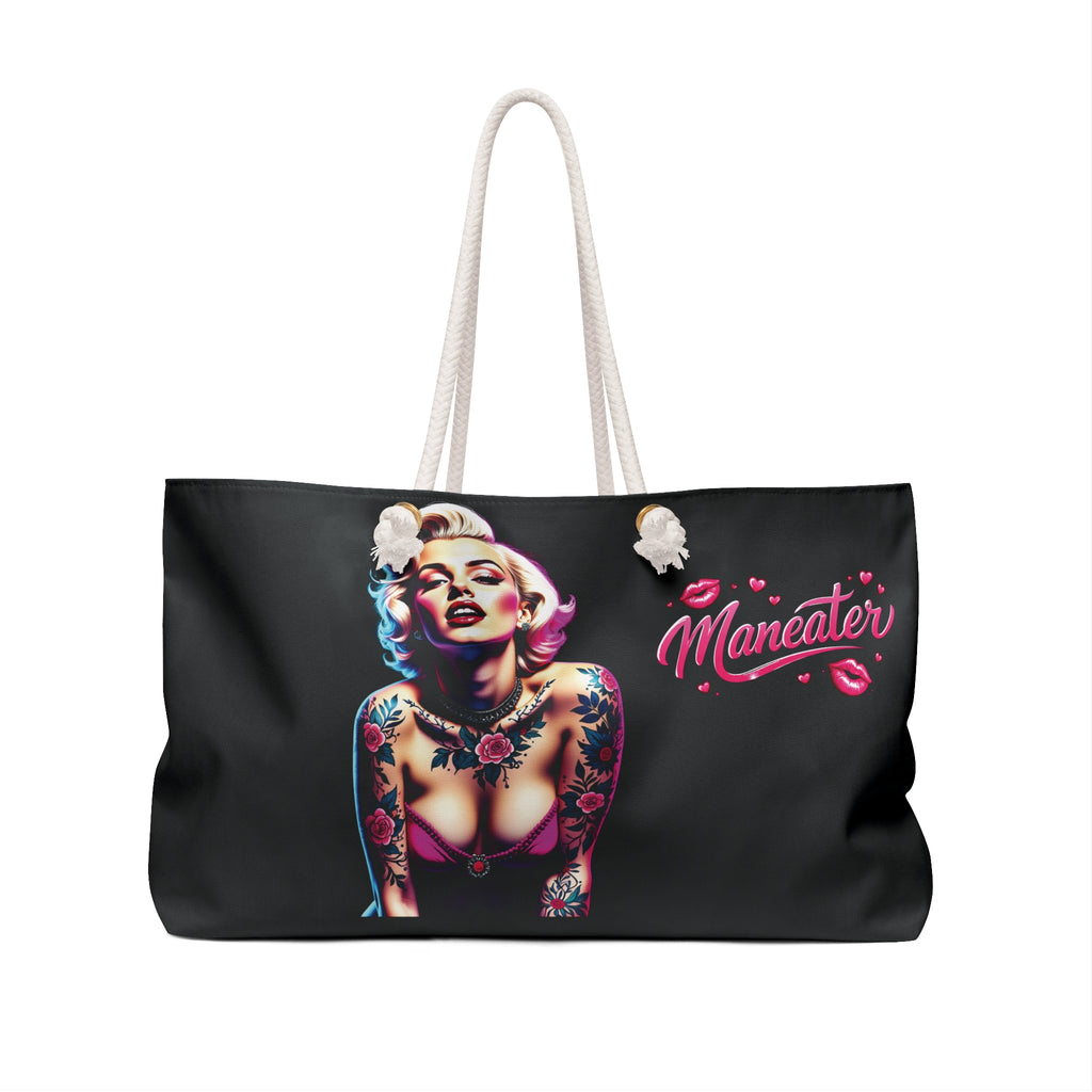Tattooed BADDIE Weekender Bag — Retro Pinup Travel Tote with "Maneater" Script