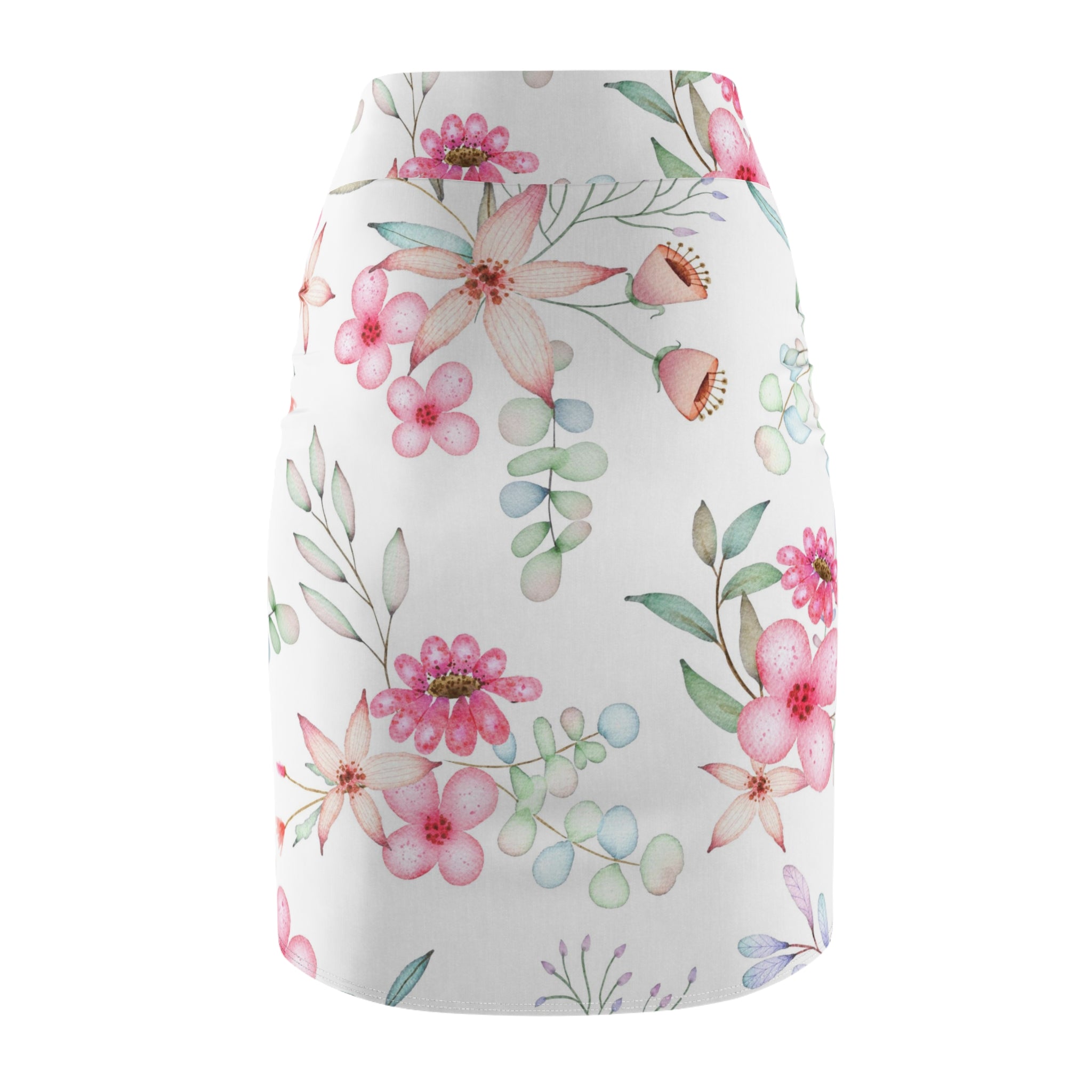 Floral Watercolor Pencil Skirt — Pink Garden Print