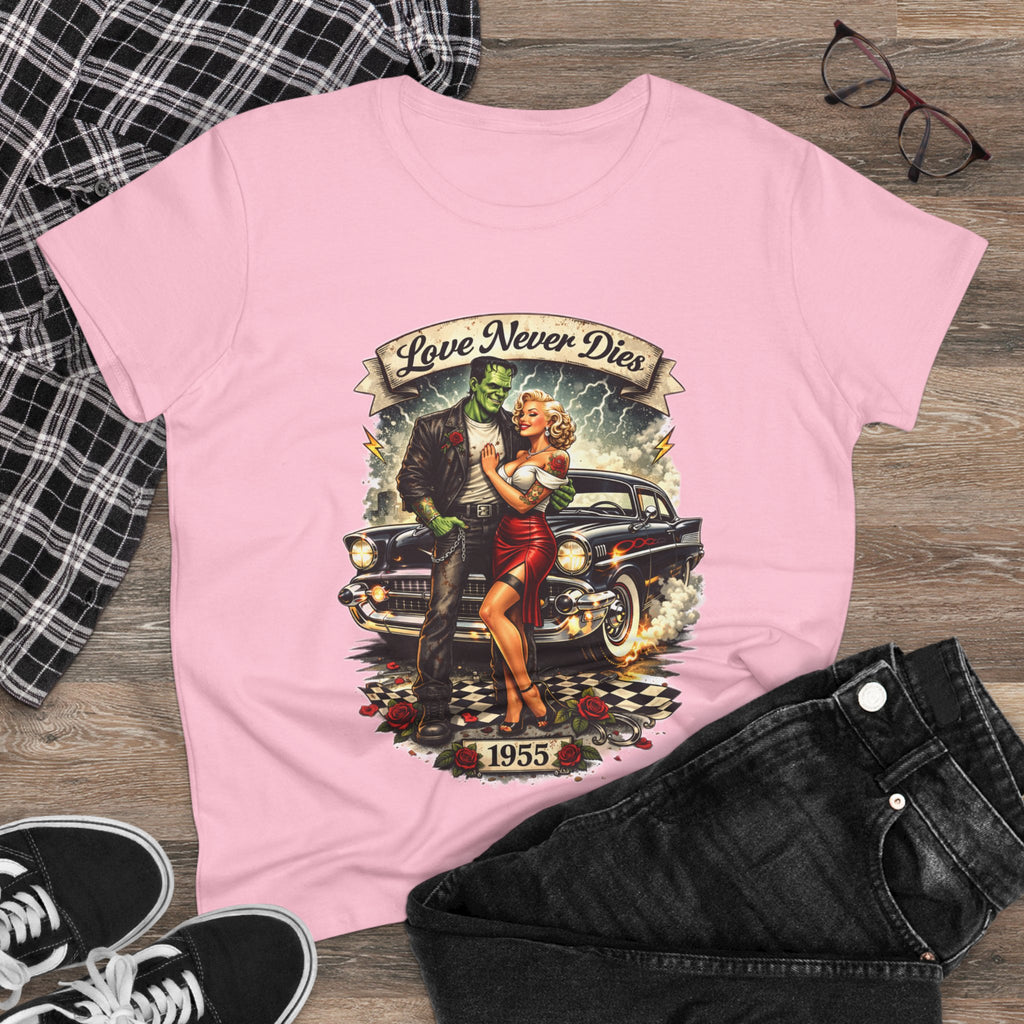 1955 Pinup Car Tee – "Love Never Dies" Vintage Rockabilly T-Shirt  LADIES