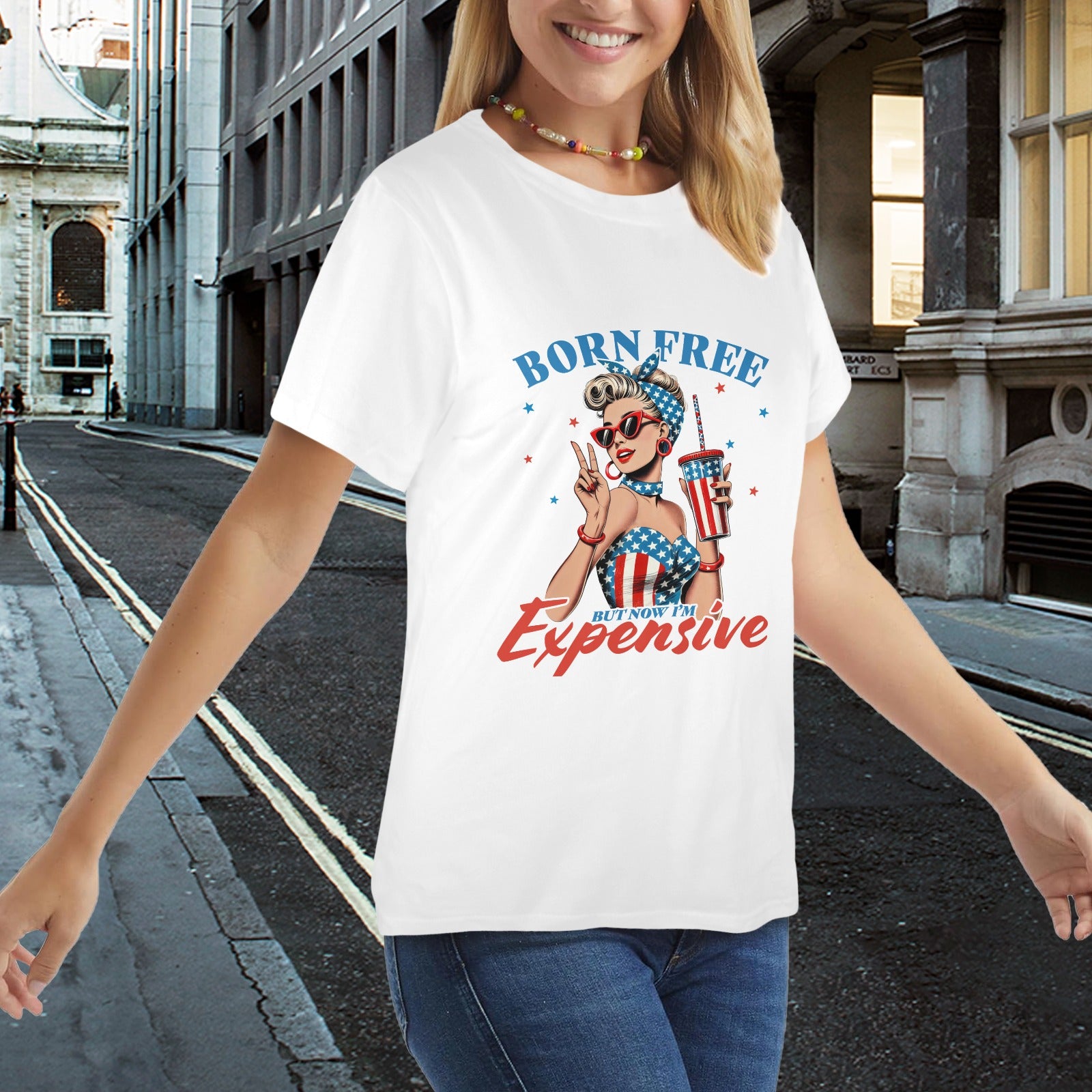 Born Free But Now I'm Expensive  Patriotic Pin-Up Graphic T-Shirt ladies