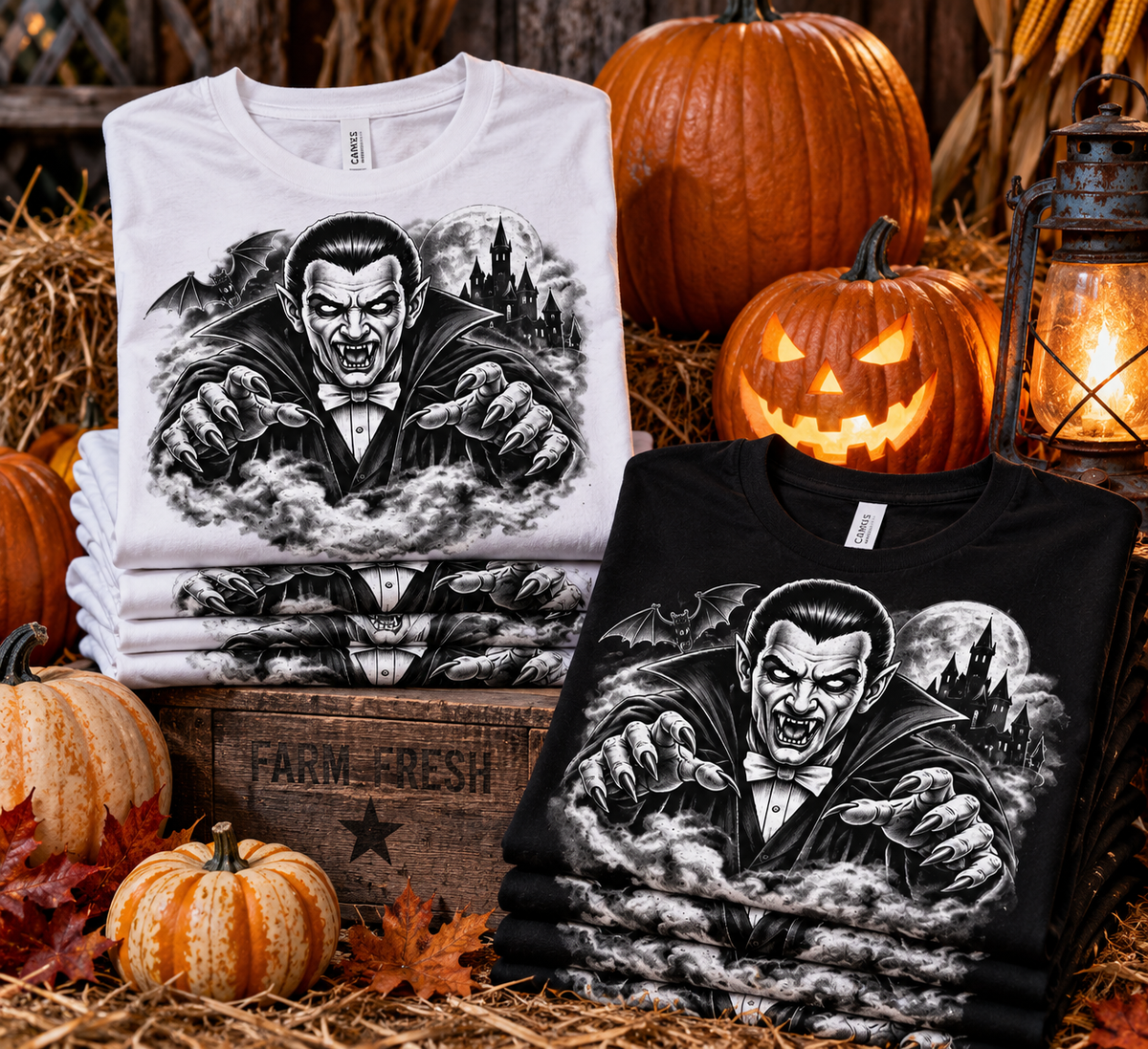 Vintage Vampire Unisex T-Shirt | Gothic Dracula Halloween Tee | Retro Horror Vampire Shirt | Spooky Castle & Bats Graphic Tee