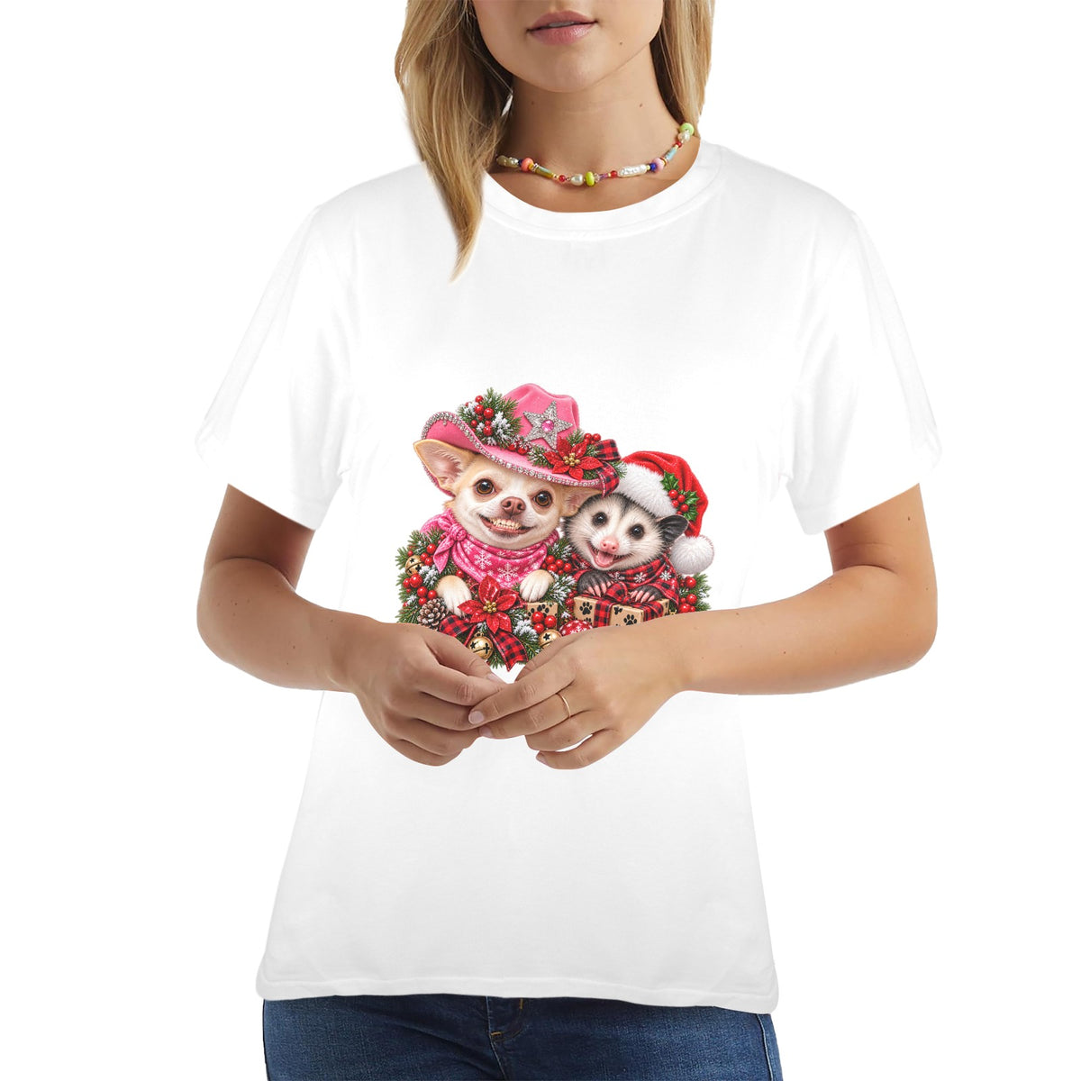 Coco & Pete’s Christmas Shenanigans Ladies T-Shirt – Funny Western Chihuahua & Possum Holiday Tee