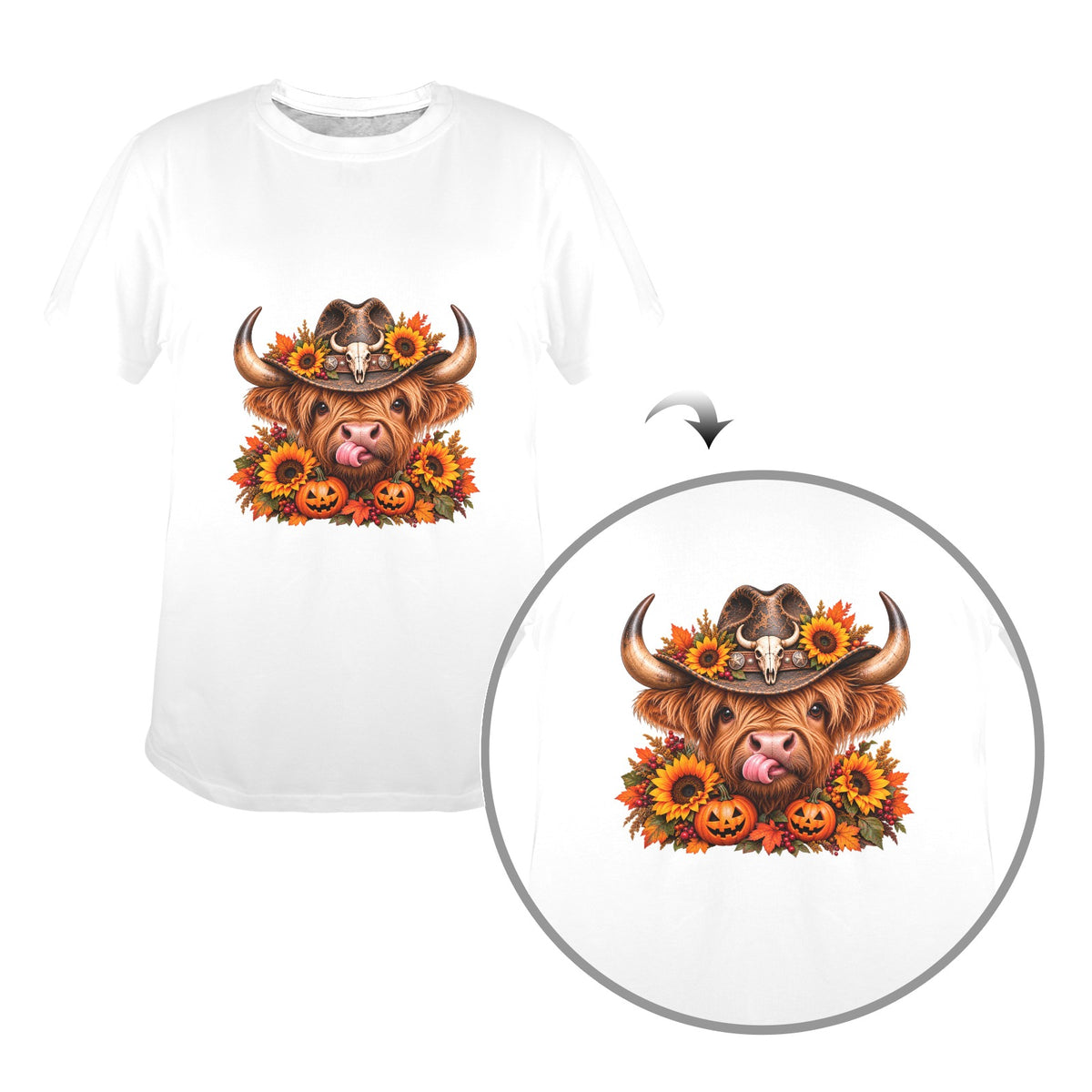 Highland Cow Halloween Women’s T-Shirt   Western Cowgirl Pumpkin