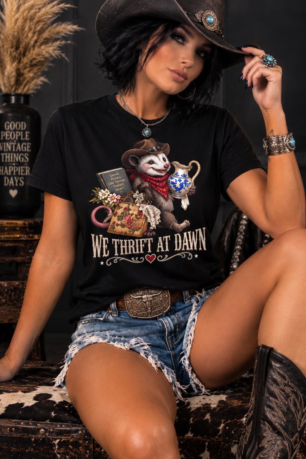 Pete’s Western Tee – We Thrift at Dawn | Funny Possum Shirt | Thrifting T-Shirt | Western Graphic Tee | Thrift Lover Gift