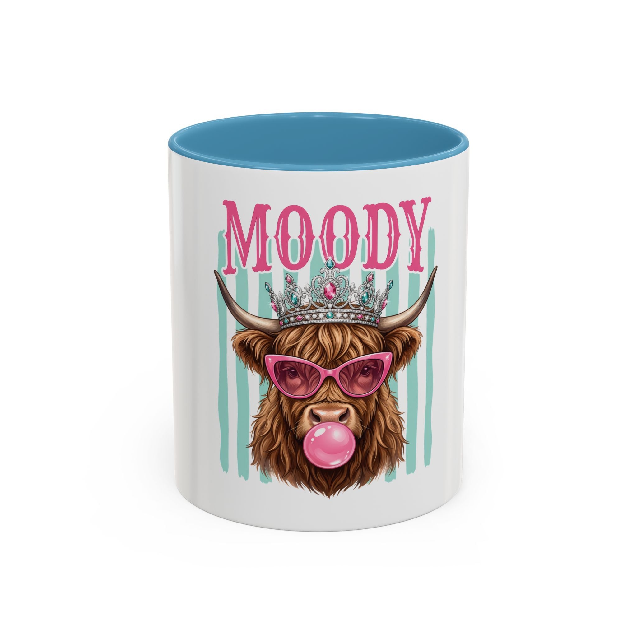 Moody Highland Cow Coffee Mug — Funny Crowned Cow with Bubblegum | Gift for Cow Lovers