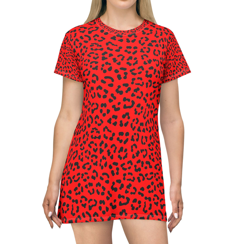 Red Leopard Print T-Shirt Dress — Bold Animal Print Mini Dress