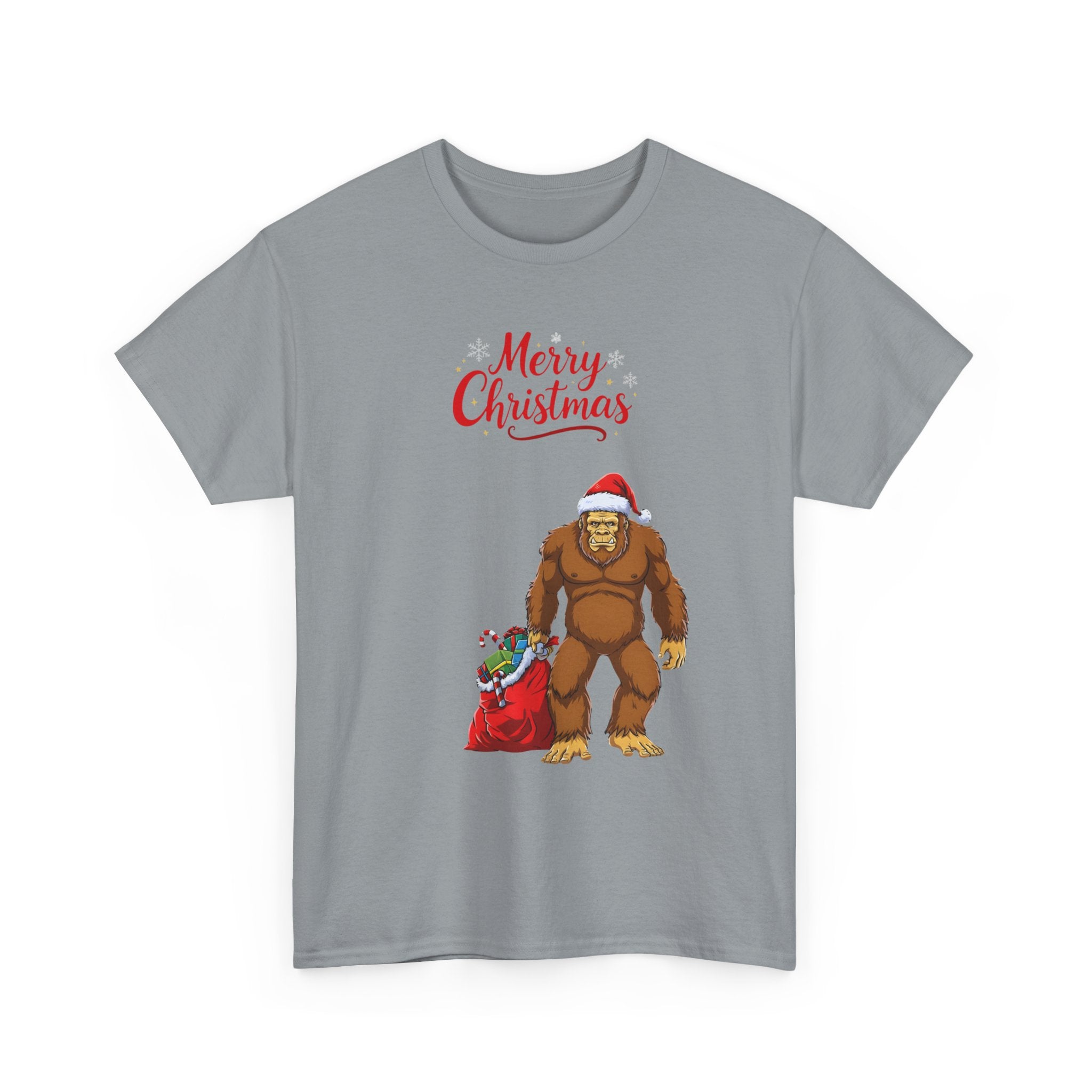 Christmas Sasquatch T-Shirt — "Merry Christmas" Bigfoot with Santa Hat & Gift Sack