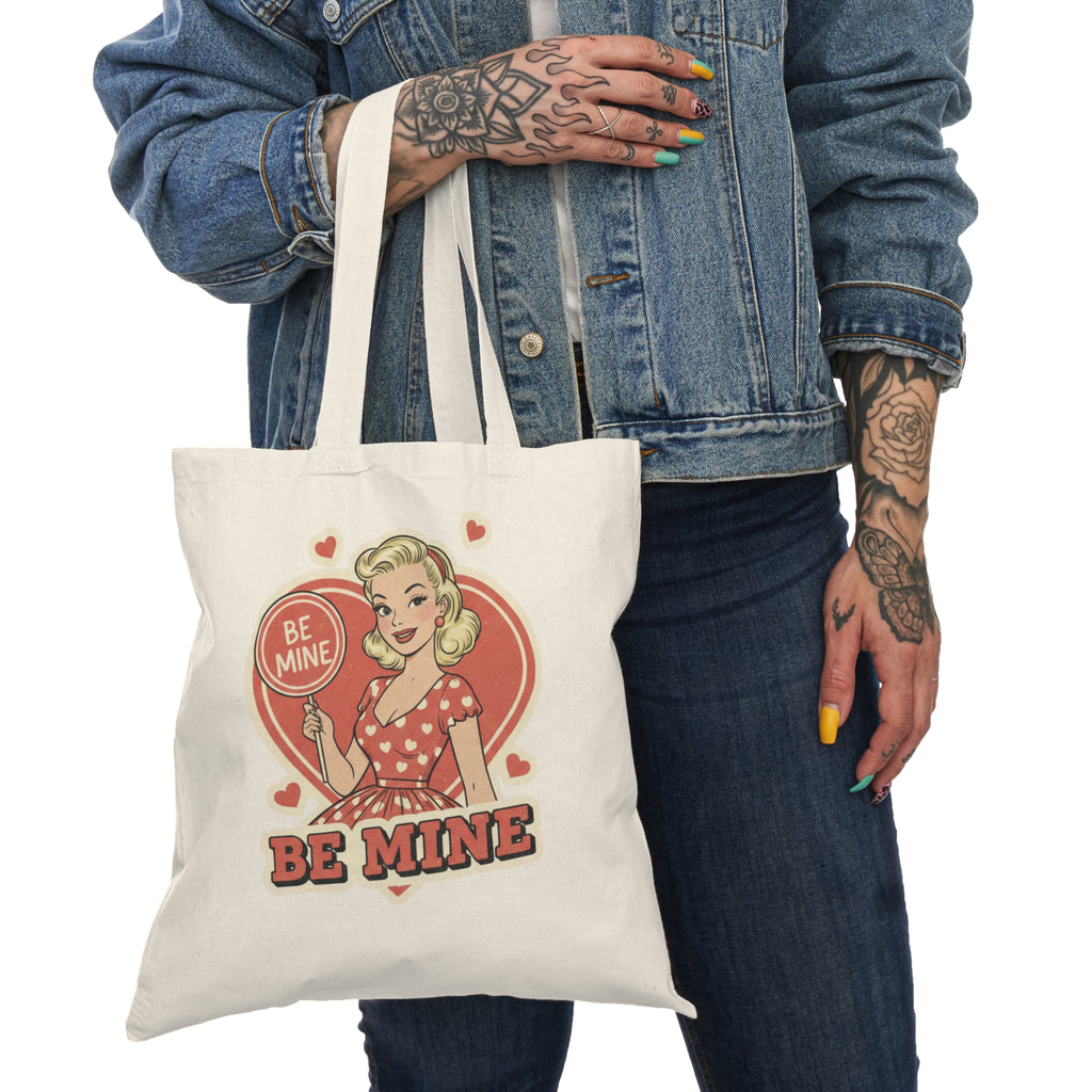 Valentine Retro Pin-Up Tote Bag Be Mine" Heart Graphic Cotton Shopper