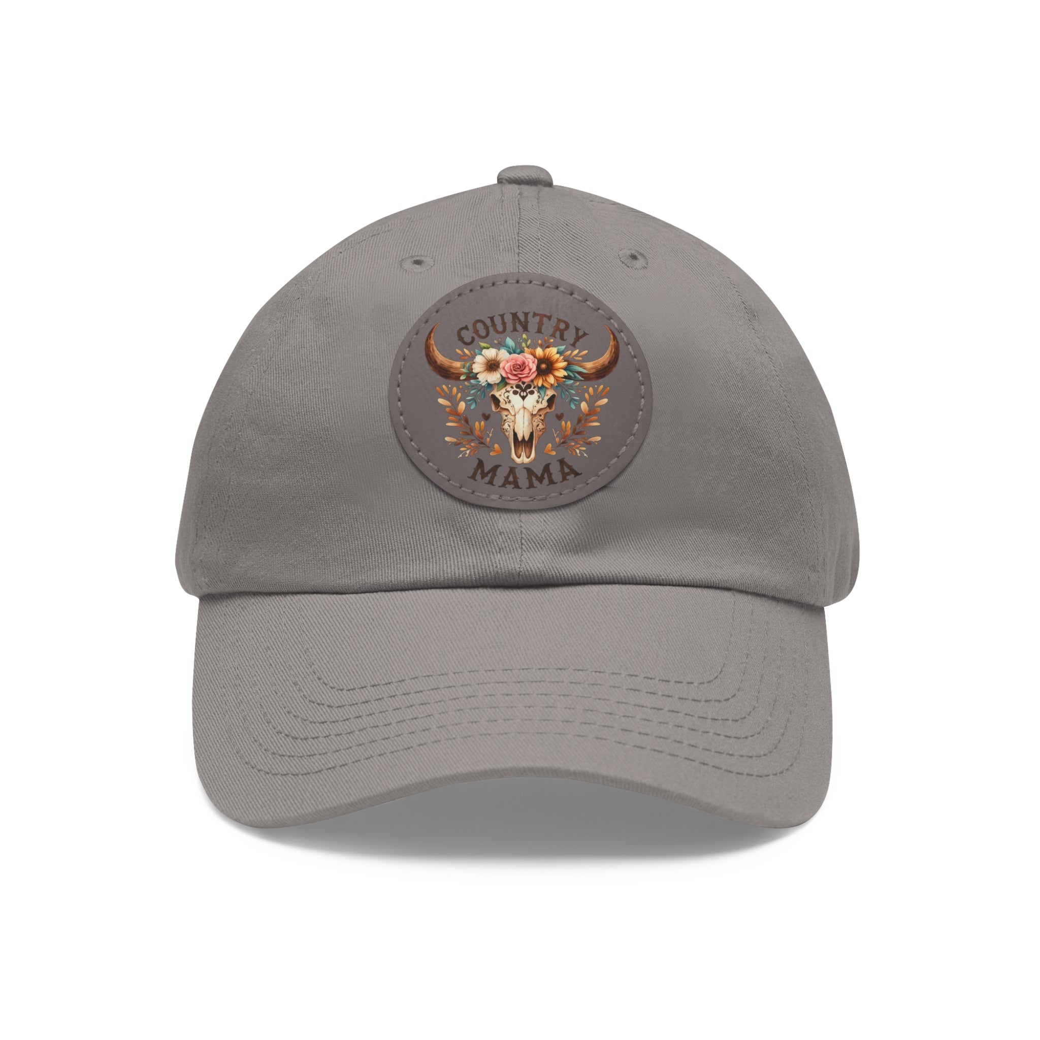 Country Mama Leather Patch Dad Hat — Floral Bull Skull Cap