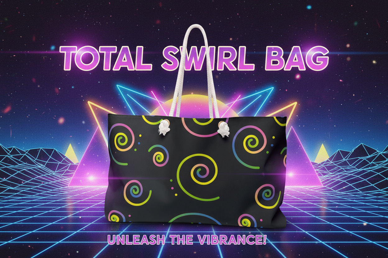 80s retro ad banner for neon swirl bag