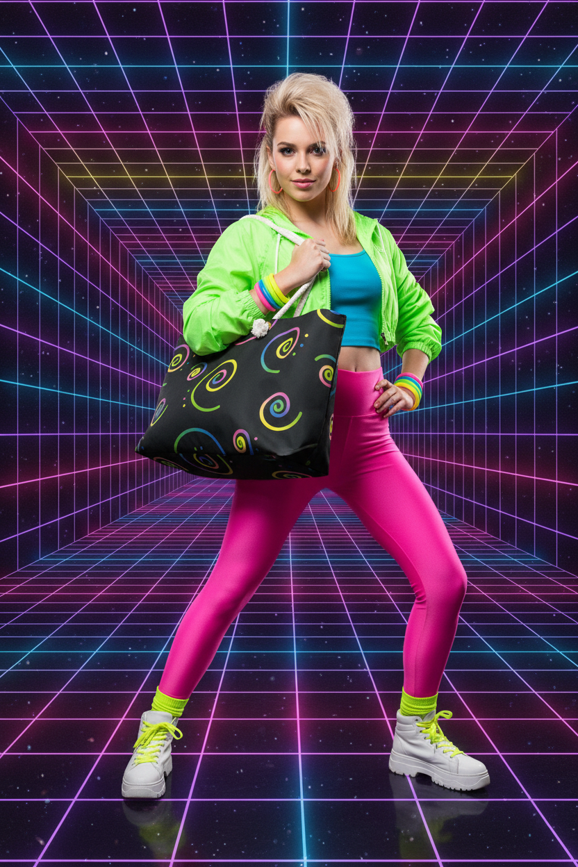 80s retro photoshoot with neon grid background