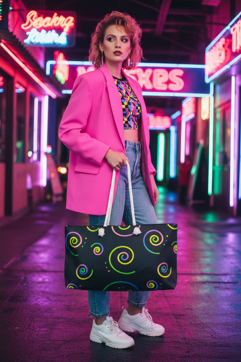 80s retro photoshoot with neon swirl bag