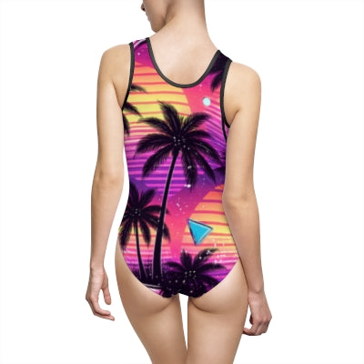 80s Retro Sunset Palm One-Piece Swimsuit — Neon Tropical Beach Design