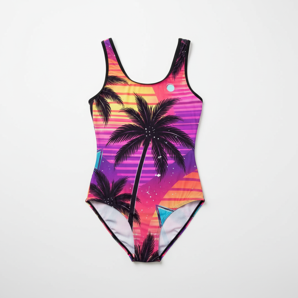 80s retro sunset palm swimsuit flat lay