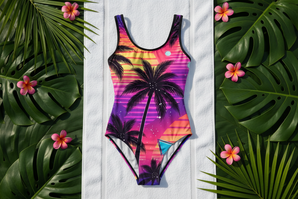 80s retro sunset palm swimsuit tropical flat lay