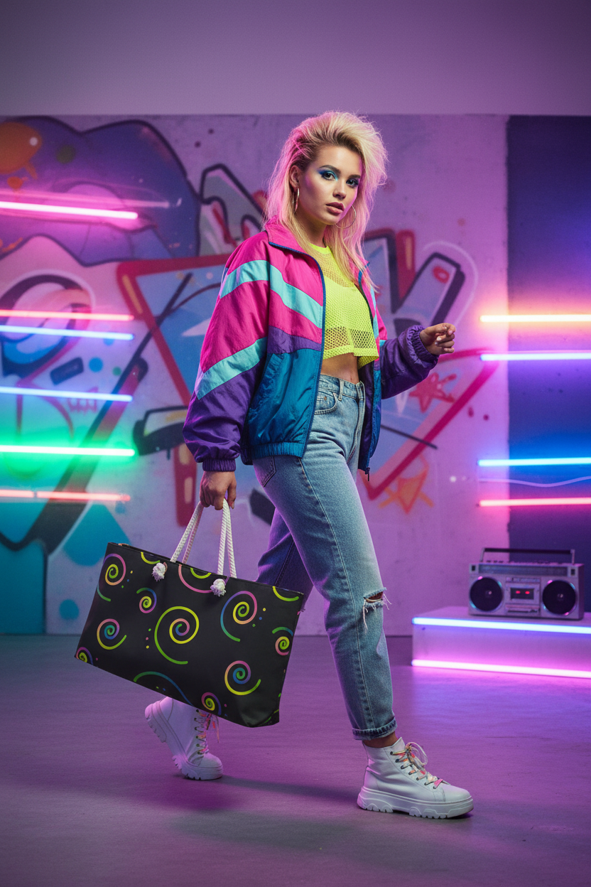 80s style photoshoot carrying neon swirl bag