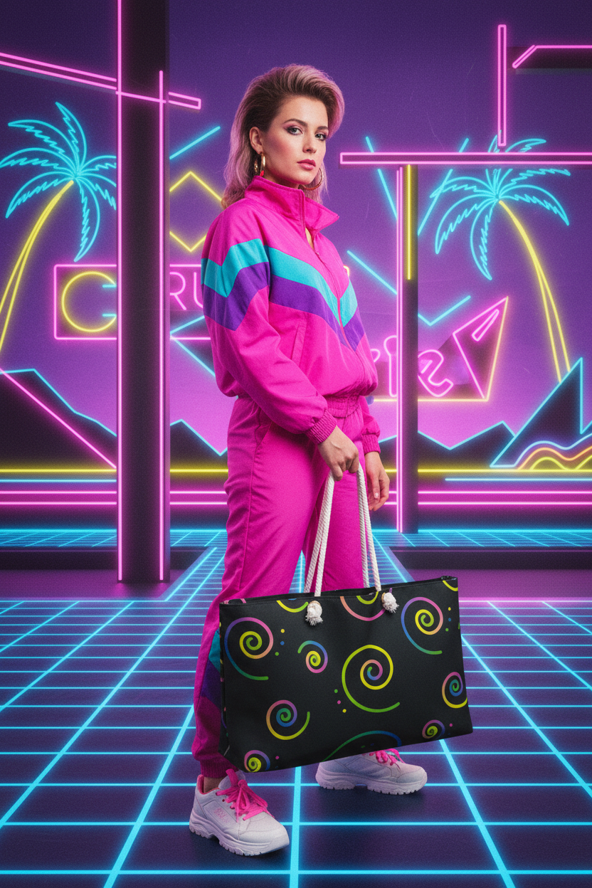 80s style photoshoot holding neon swirl bag