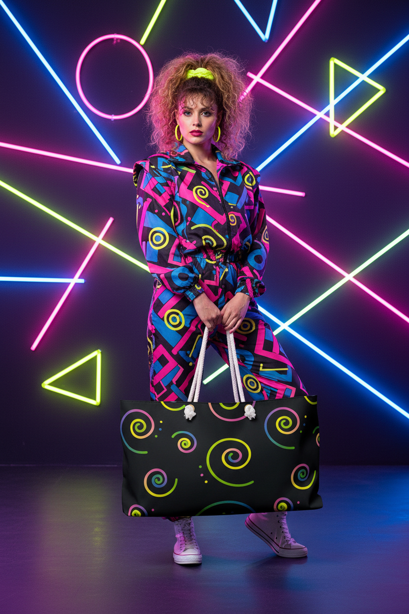 80s style photoshoot with geometric neon background