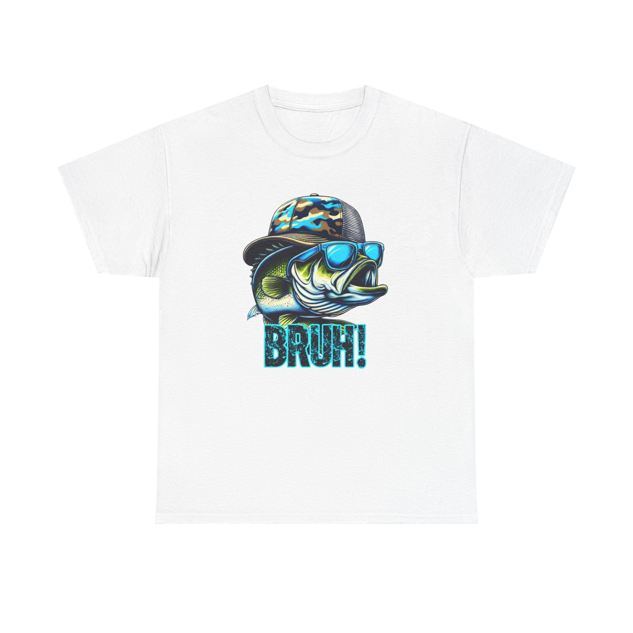 Fishing Fish Graphic Tee — 'BRUH!' Bass with Camo Hat & Sunglasses