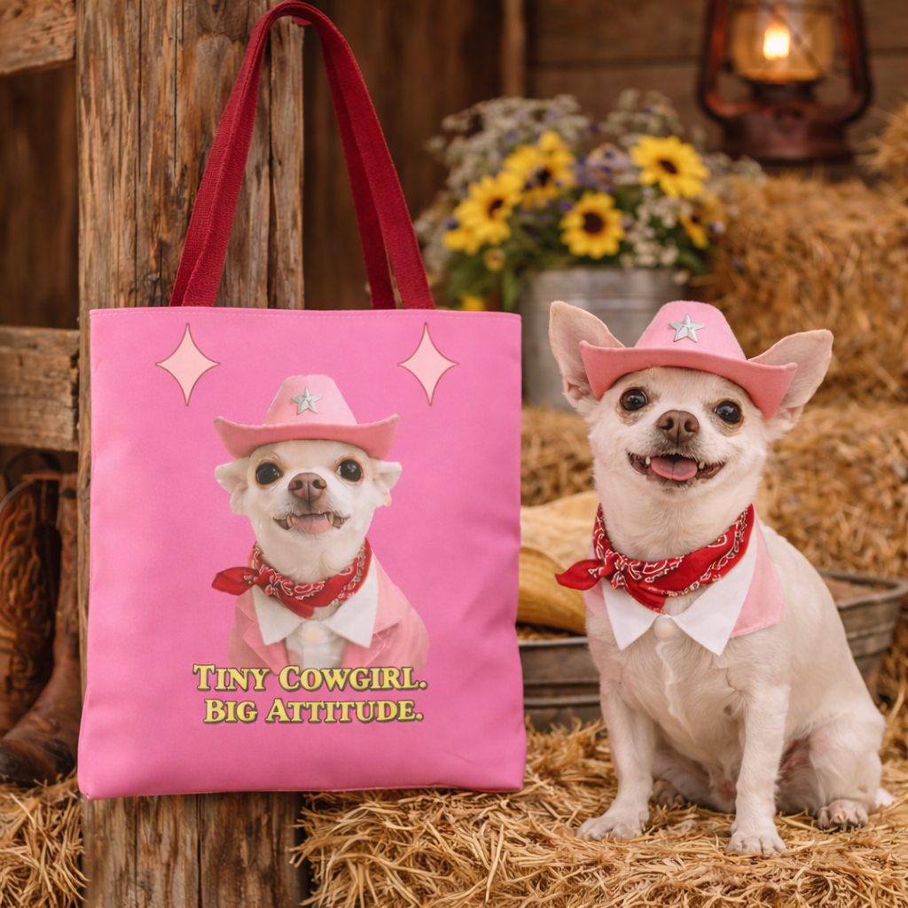 Tiny Cowgirl Tote Bag — Coco Cute Pink Chihuahua   Big Attitude” ON WOLF HILL RANCH