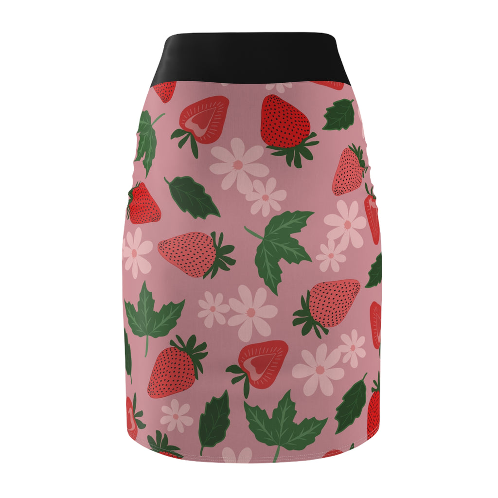 Strawberry Bloom Pencil Skirt  Pink Floral Strawberry Print
