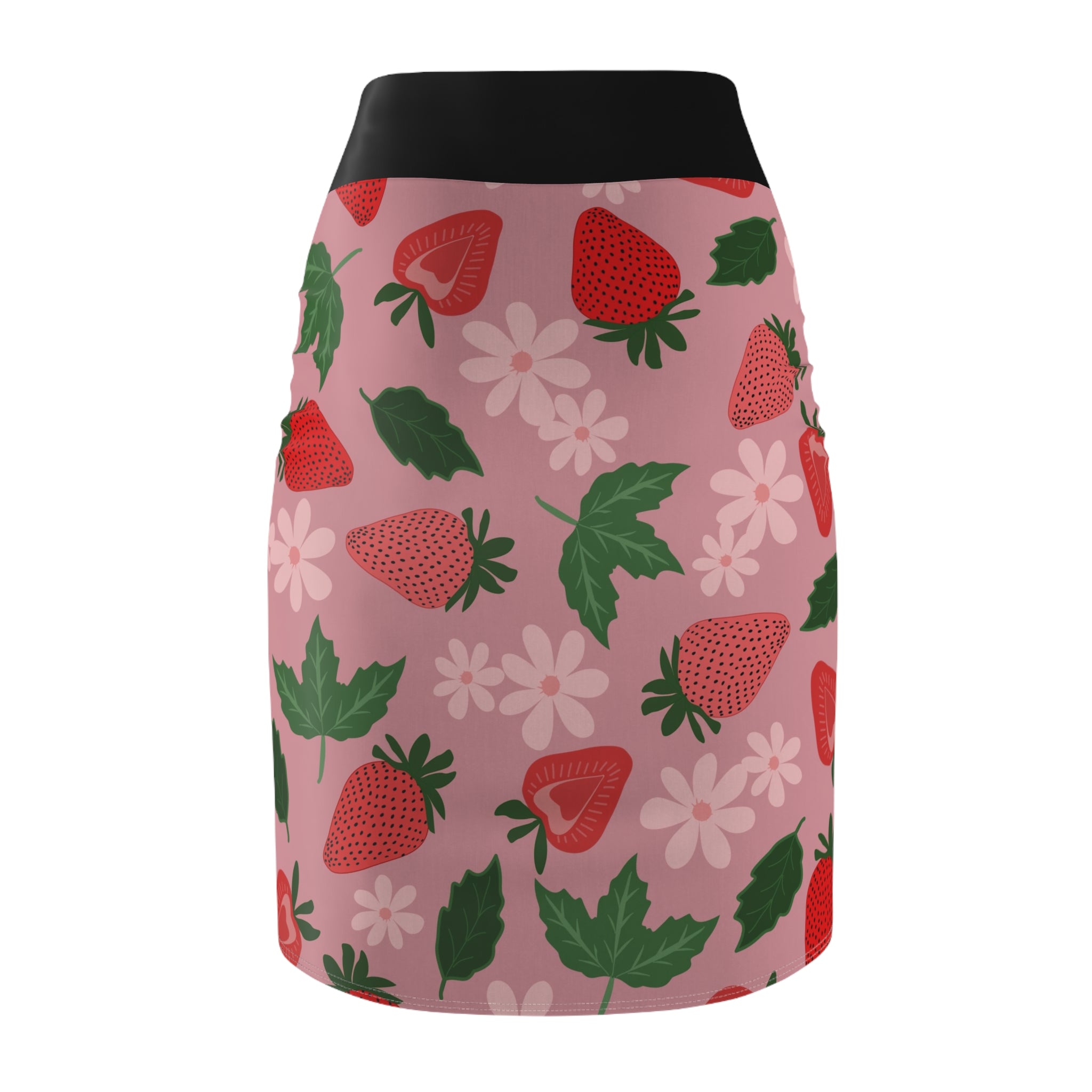 Strawberry Bloom Pencil Skirt — Pink Floral Strawberry Print