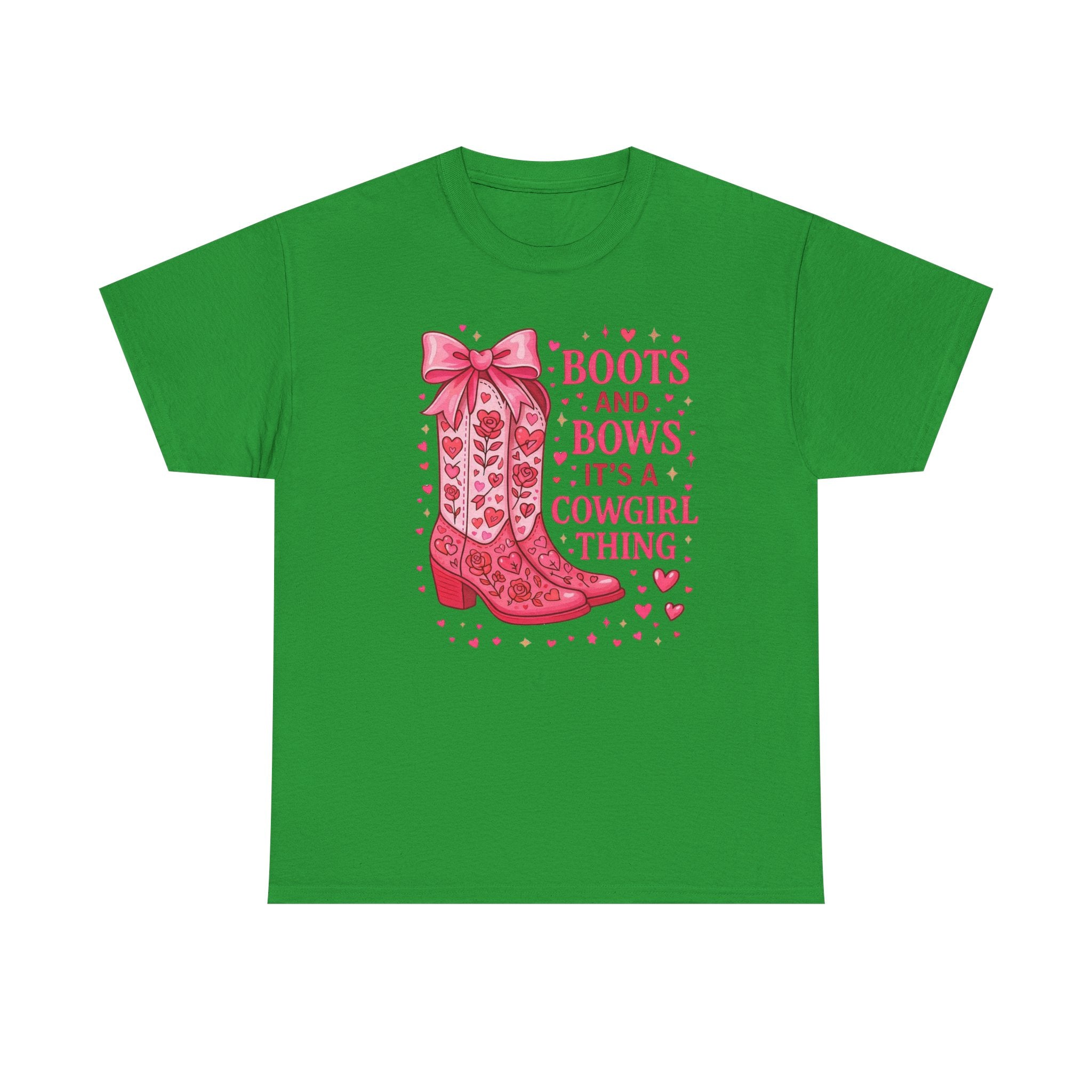 Cowgirl Boots and Bows T‑Shirt — "Boots and Bows, It's a Cowgirl Thing" Pink Western Tee  Trendy Farm