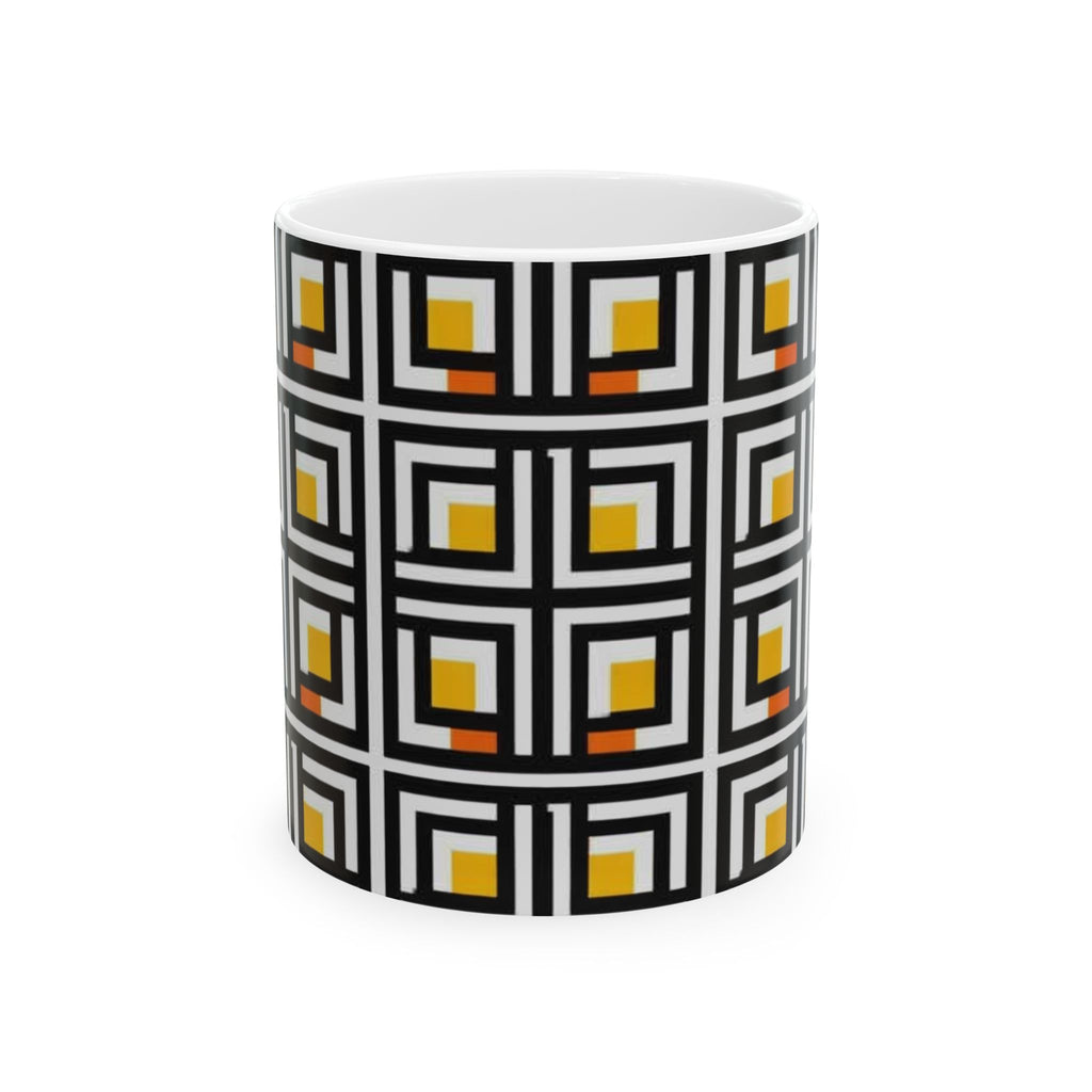 Vintage Elite Society Collection — Tile Ceramic Mug in Black, Yellow & Orange Pattern (11oz / 15oz)