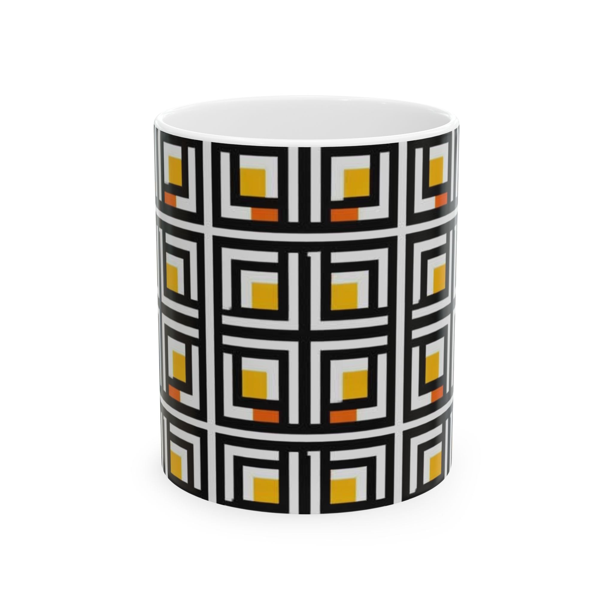 Vintage Elite Society Collection  Tile Ceramic Mug — Black, Yellow & Orange Pattern (11oz/15oz)