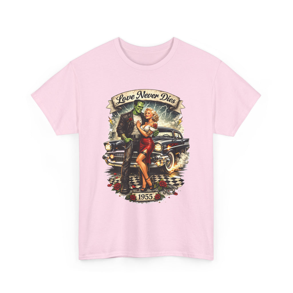 1950s Pinup Car Tee — "Love Never Dies" Vintage Rockabilly T-Shirt