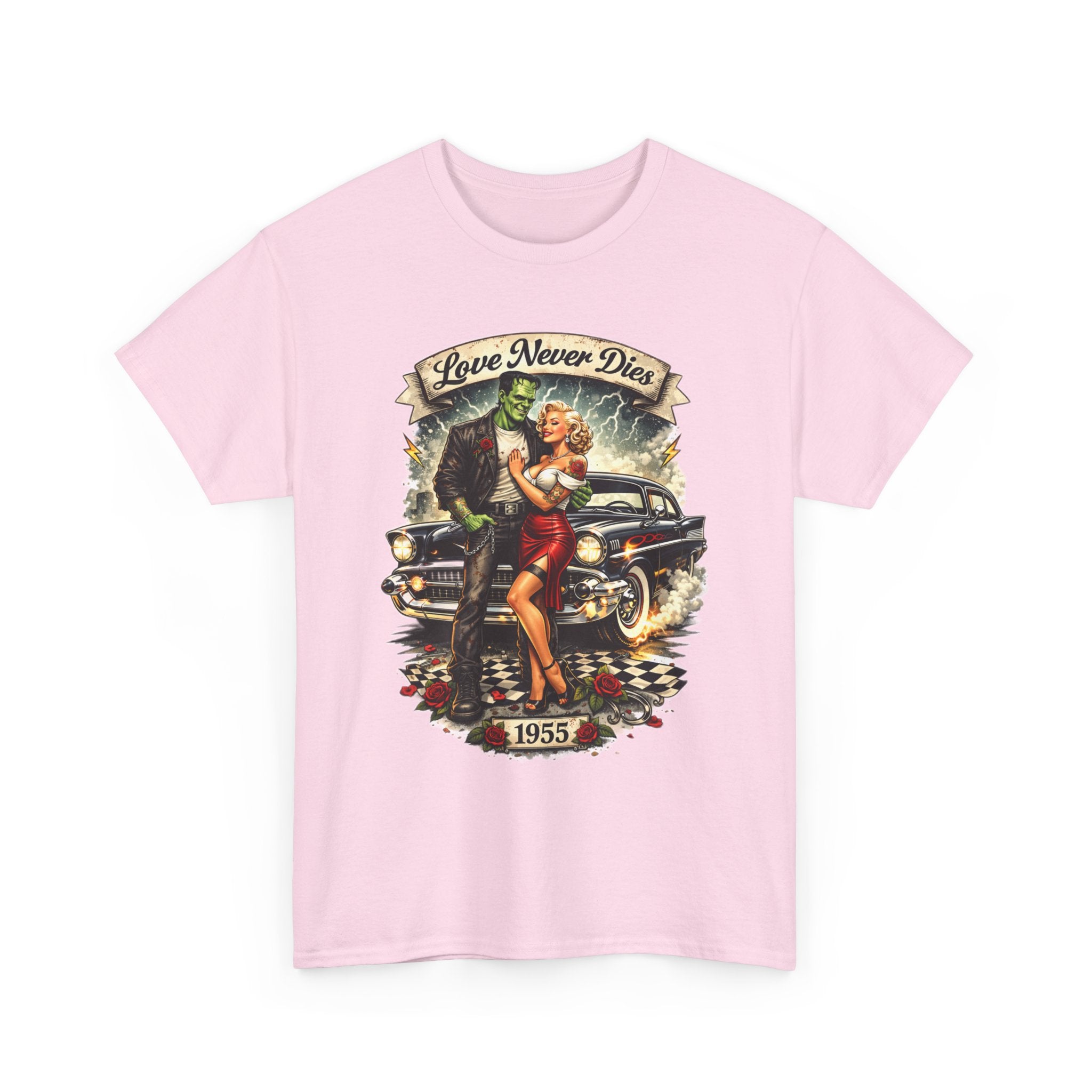 1950s Pinup Car Tee — "Love Never Dies" Vintage Rockabilly T-Shirt