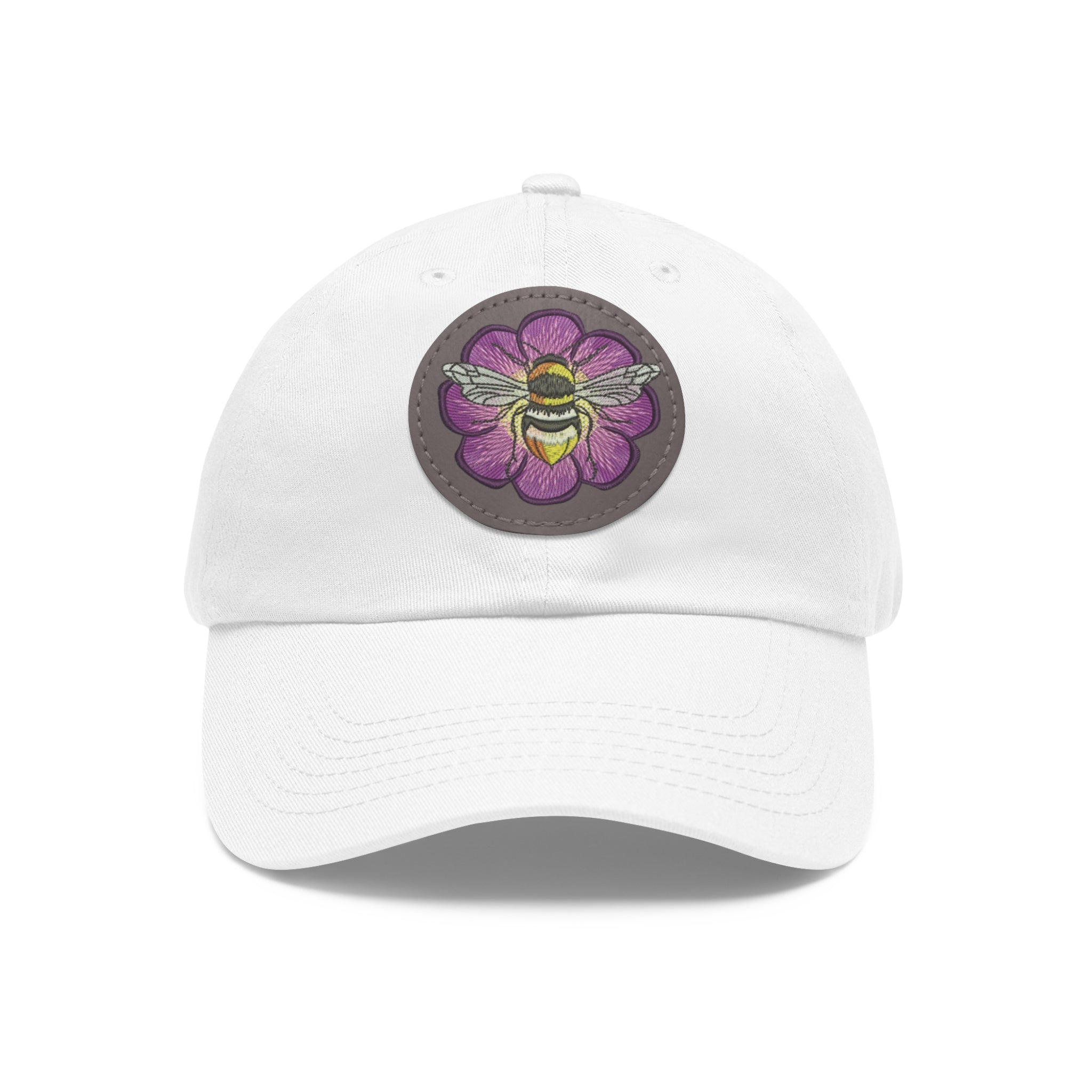 Bee on Purple Flower Leather Patch Dad Hat — Embroidered Nature Cap