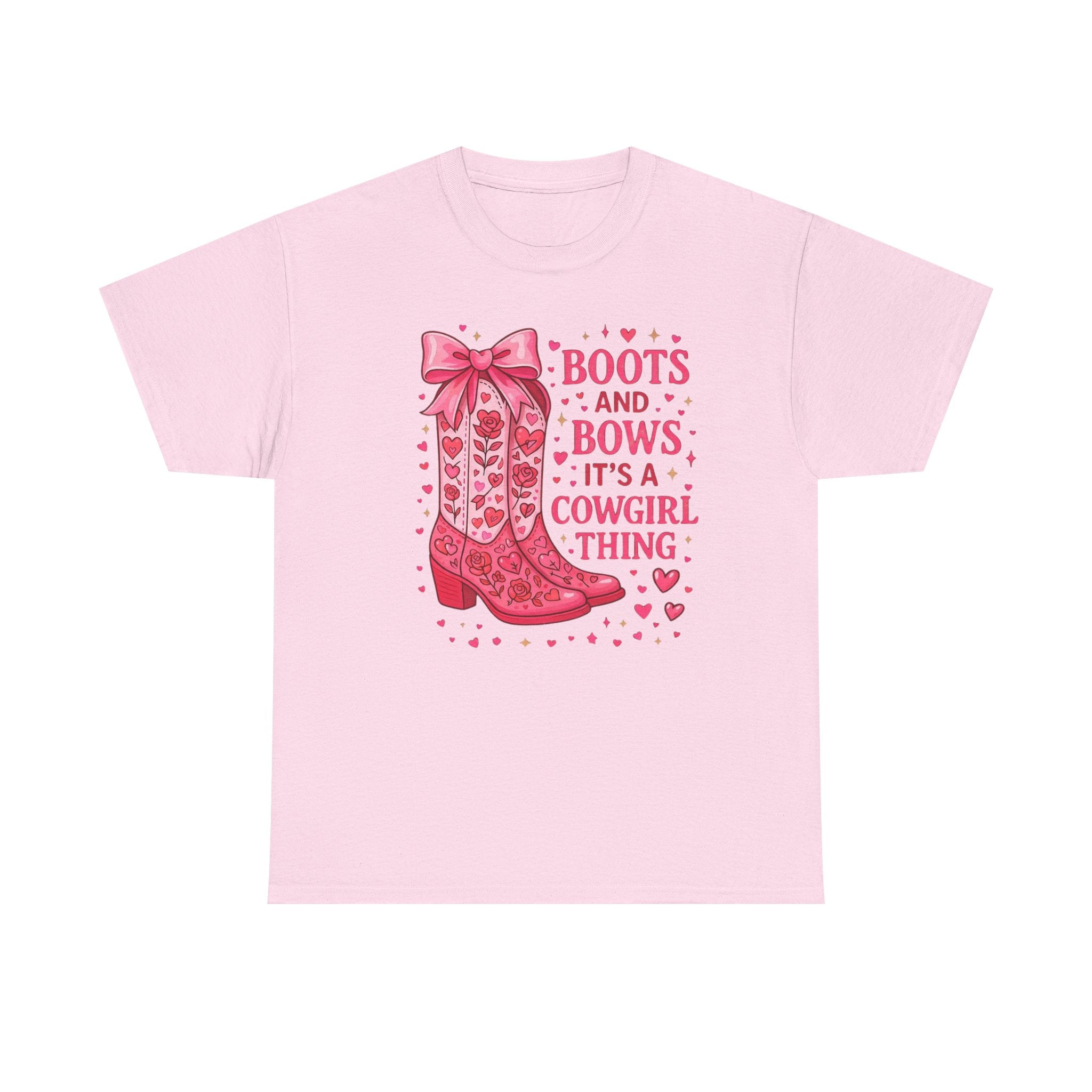 Cowgirl Boots and Bows T‑Shirt — "Boots and Bows, It's a Cowgirl Thing" Pink Western Tee  Trendy Farm