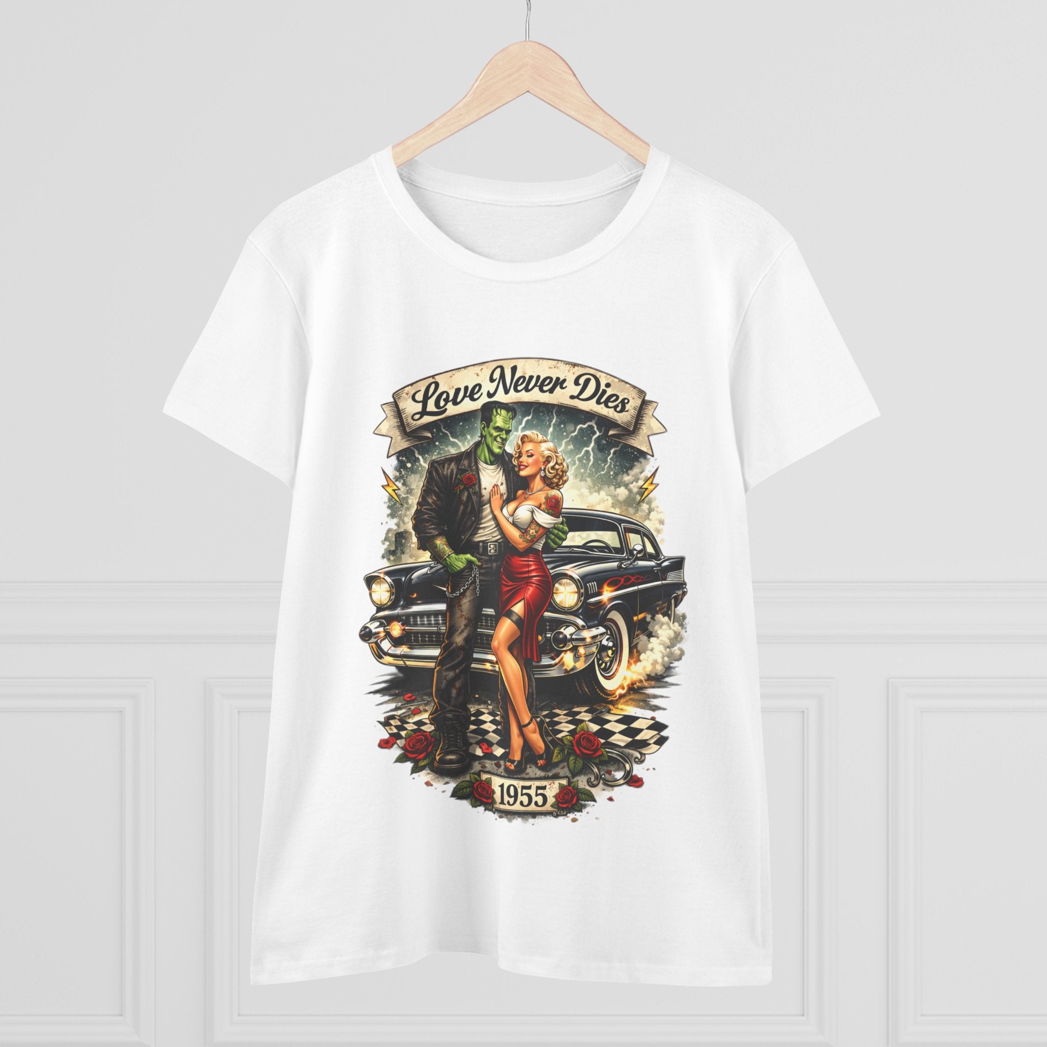 1955 Pinup Car Tee – "Love Never Dies" Vintage Rockabilly T-Shirt  LADIES
