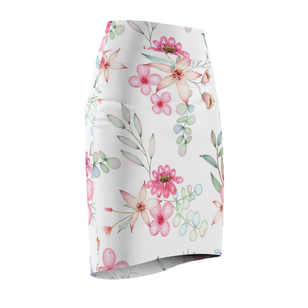 Floral Watercolor Pencil Skirt — Pink Garden Print