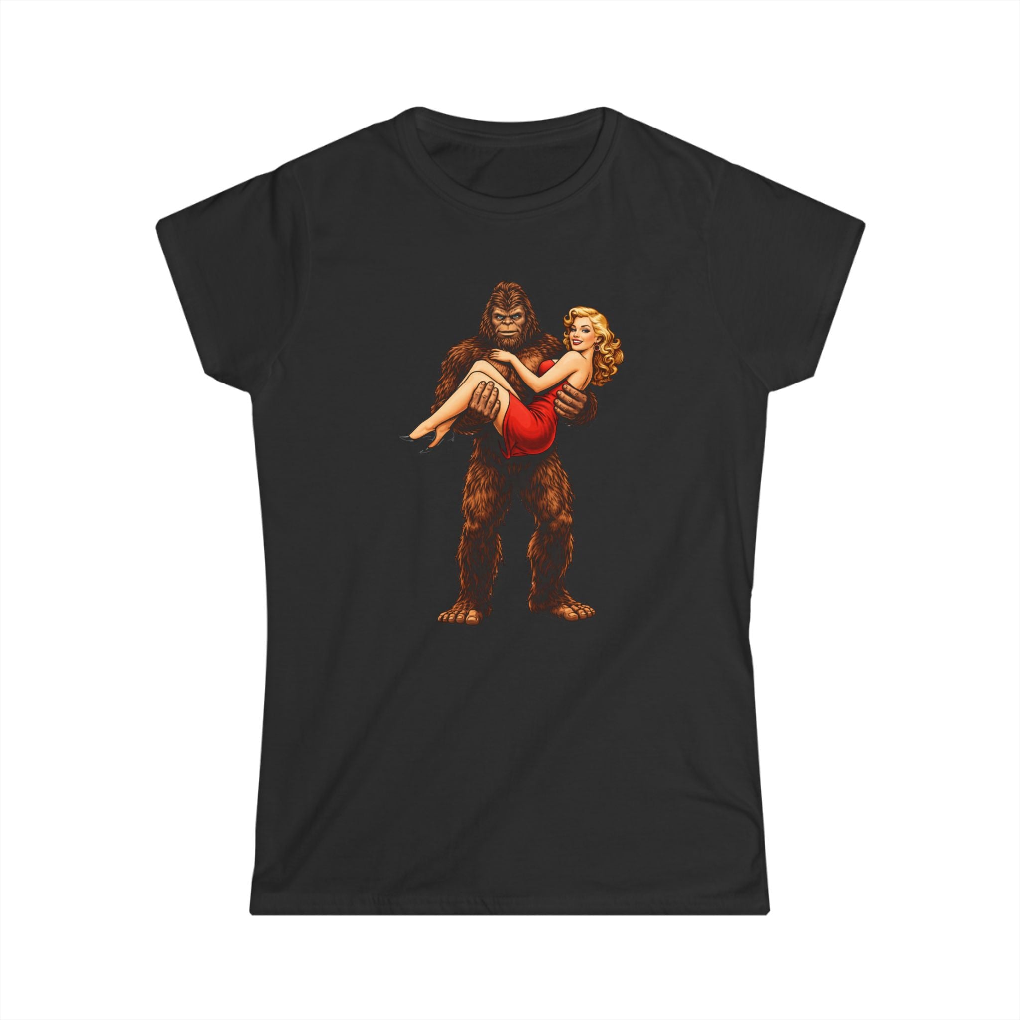 Bigfoot Carrying Pin-Up Girl T-Shirt — Retro Sasquatch Vintage Pinup Tee
