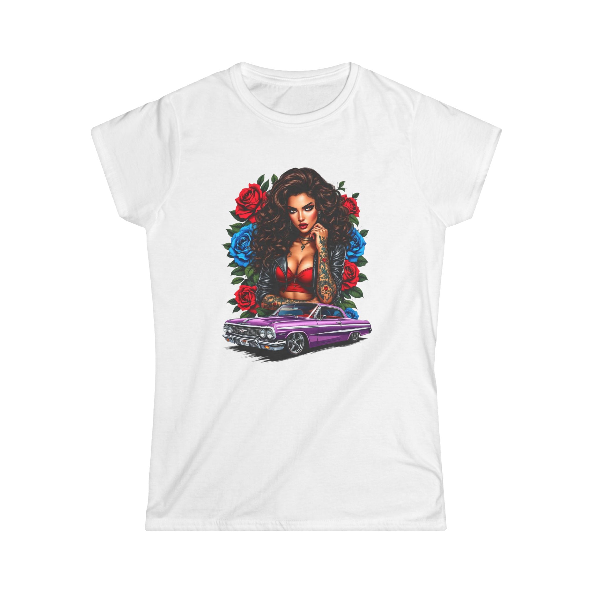 Lowrider Pinup Tee — Chicana Girl, Roses & Purple Classic Car Graphic Shirt Ladies