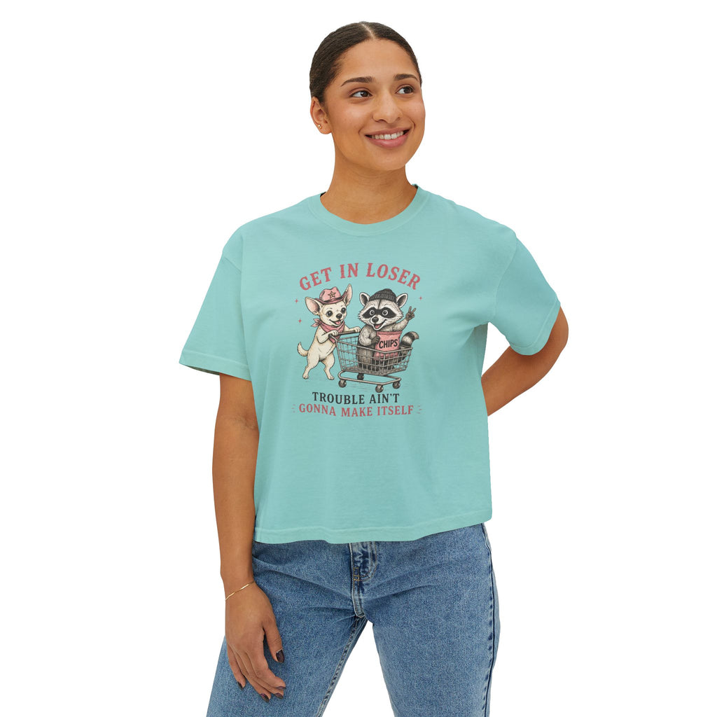Get in Loser Tee — Cute Raccoon & Coco Dog Graphic Women’s Boxy T‑Shirt, “Trouble Ain’t Gonna Make Itself”