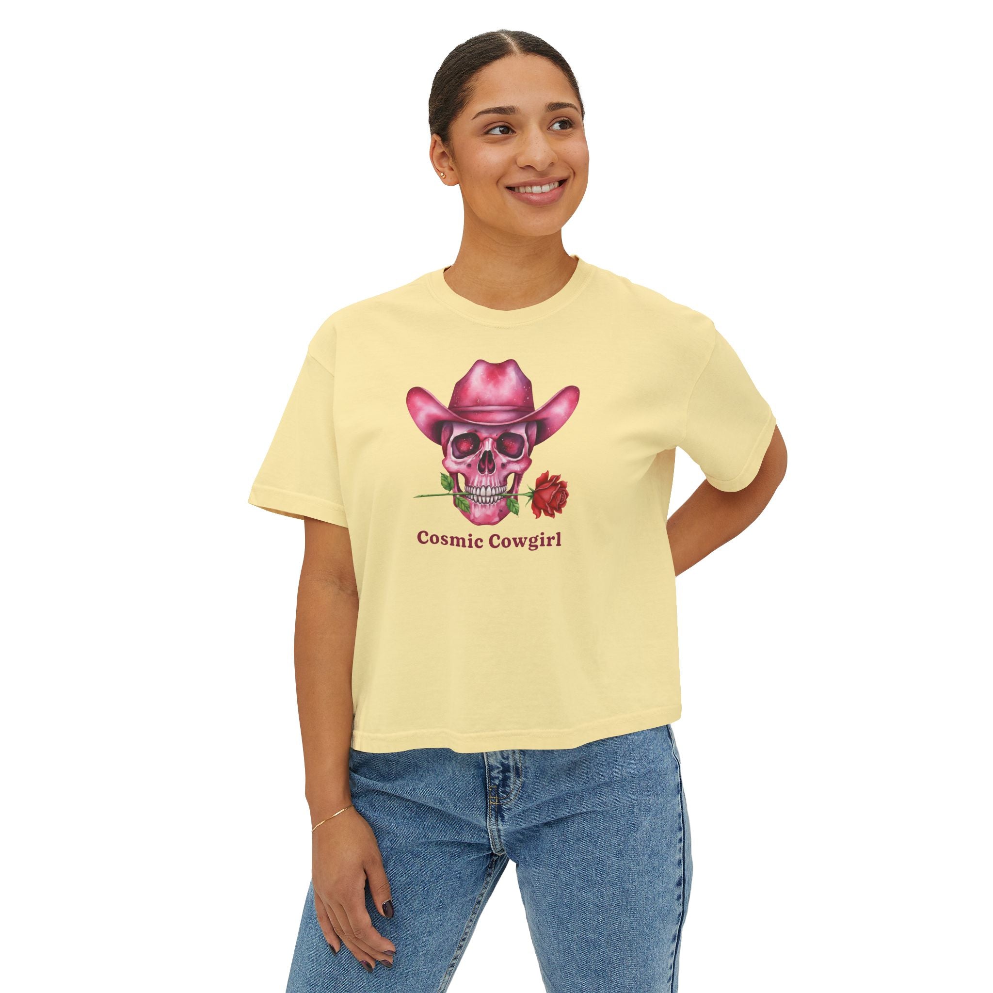 Cosmic Cowgirl Skull Tee — Women's Boxy Graphic T-Shirt