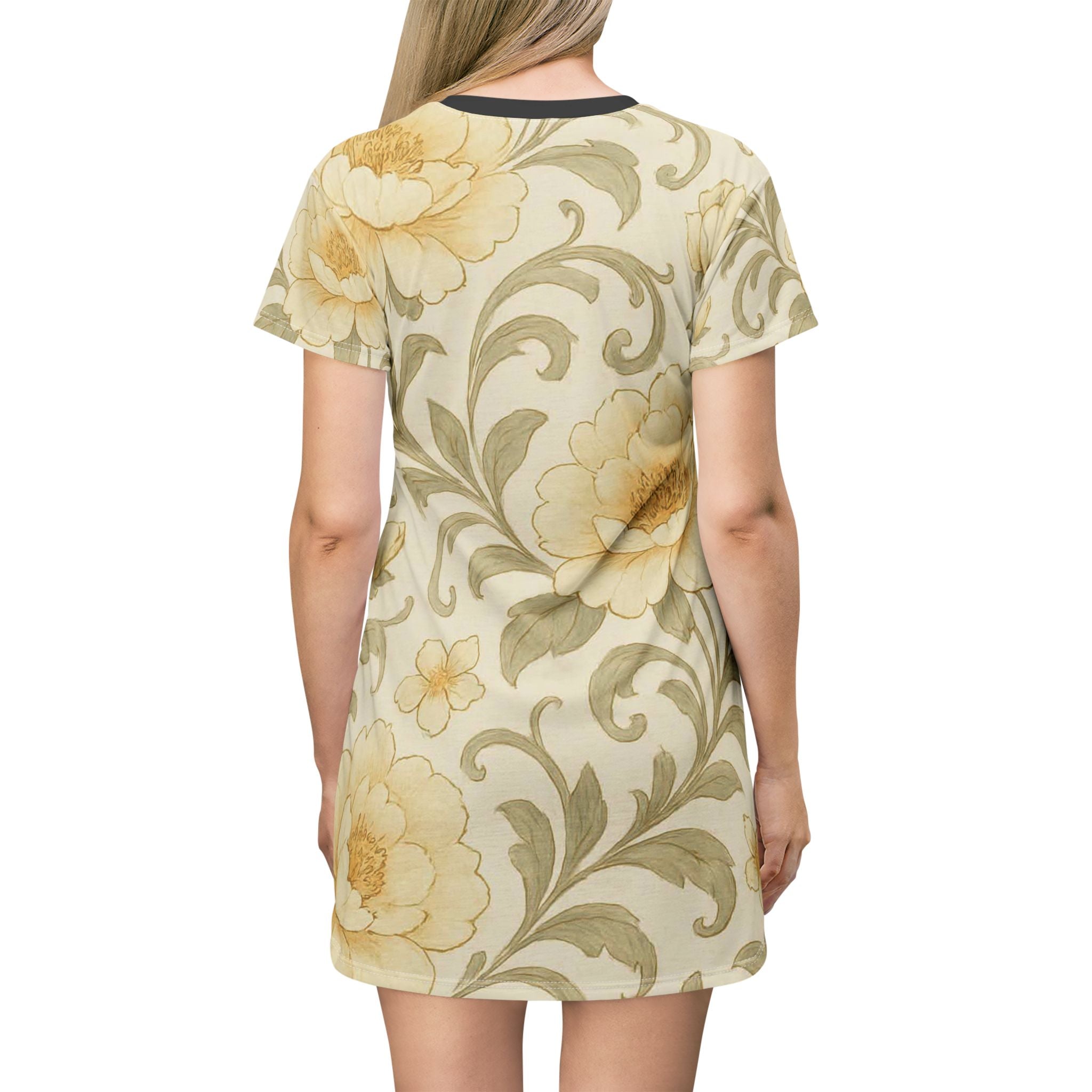 Floral Vintage Rose T-Shirt Dress – Soft Yellow All-Over Print