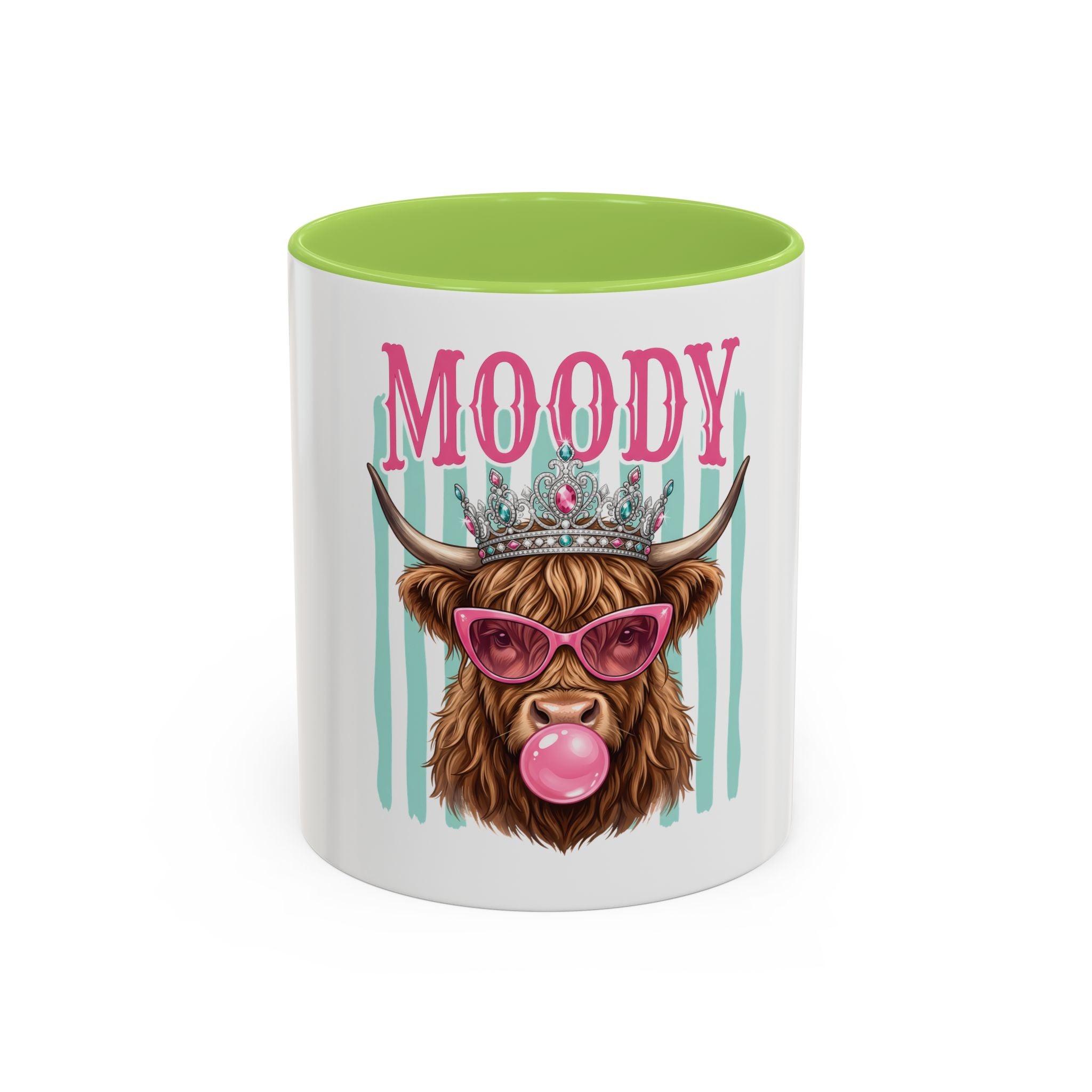 Moody Highland Cow Coffee Mug — Funny Crowned Cow with Bubblegum | Gift for Cow Lovers