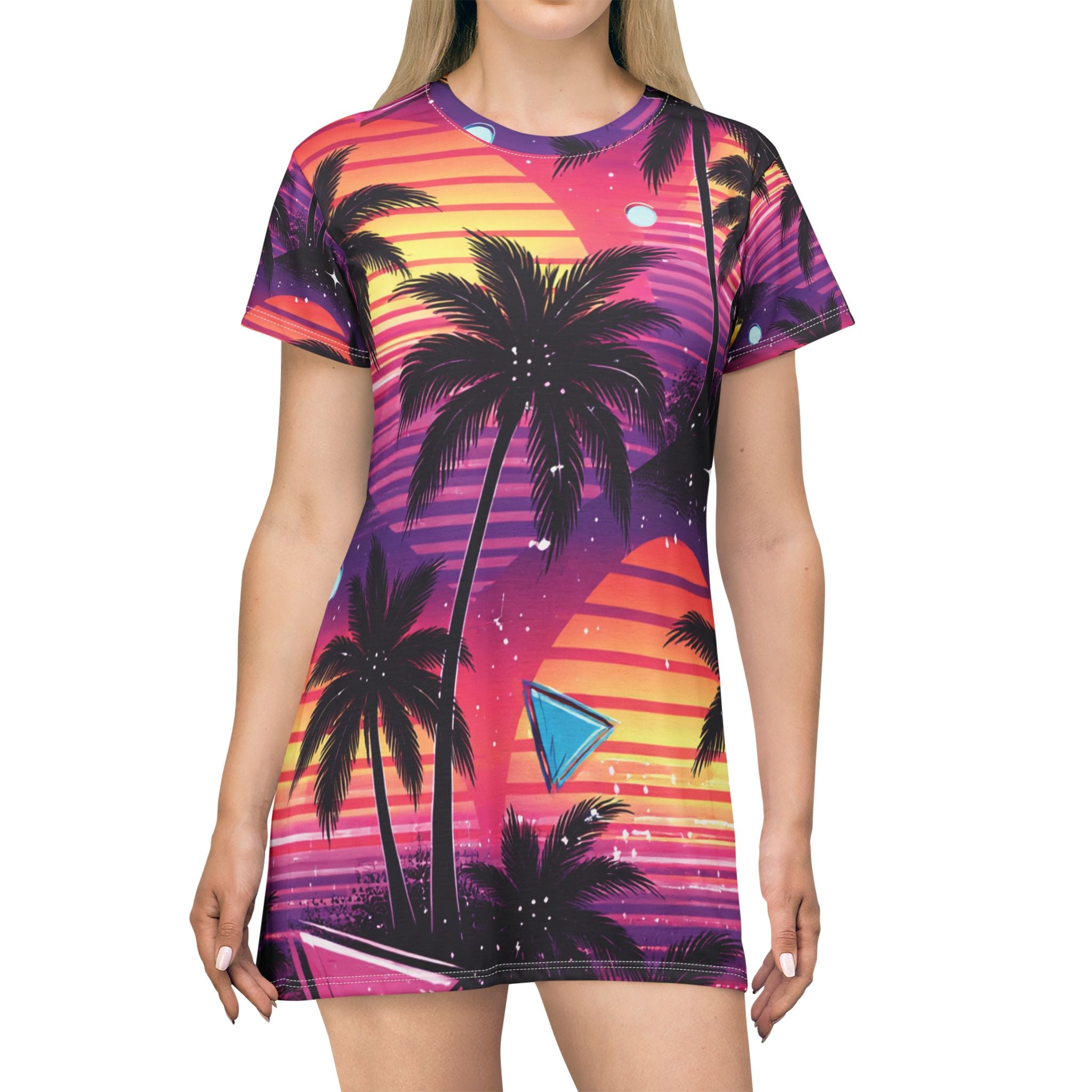 Retro Sunset Palm T-Shirt Dress — Vibrant 80s Tropical Beach Print