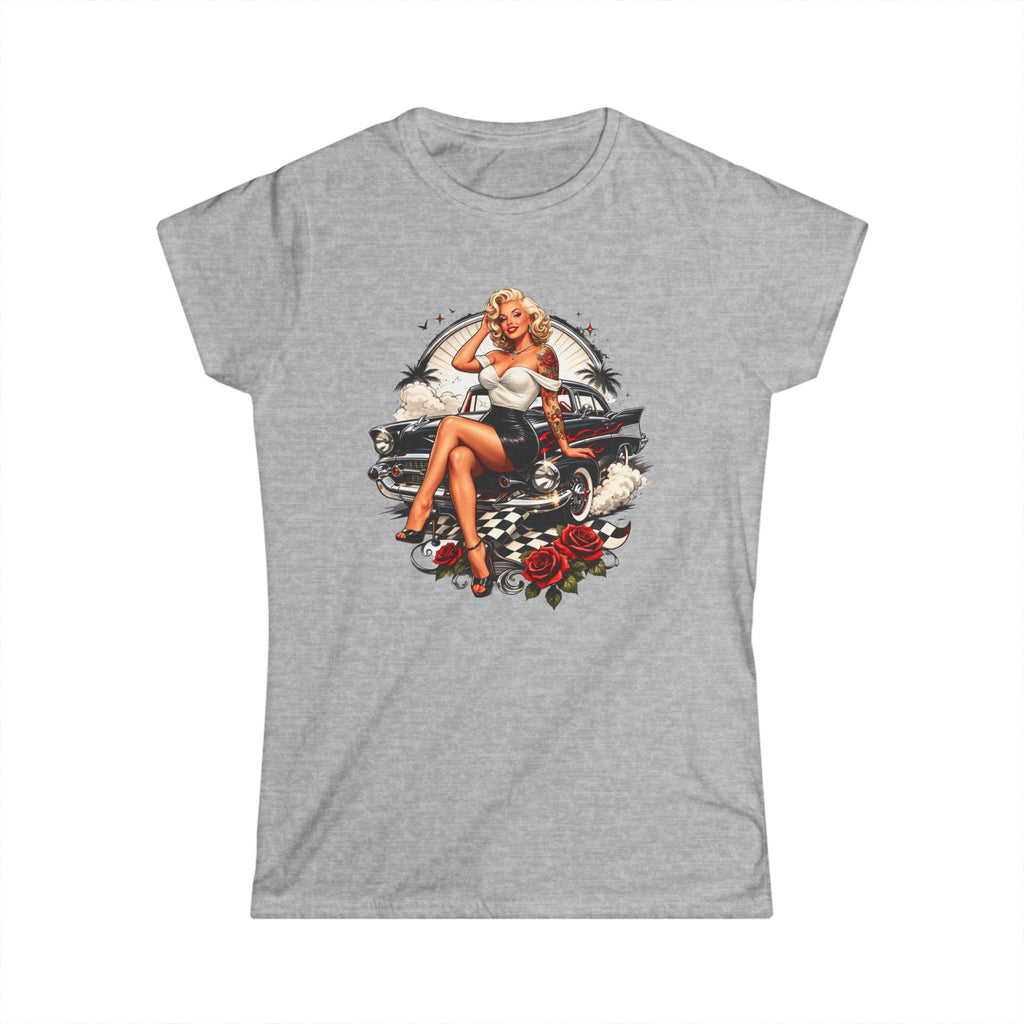 Pinup Car Girl T‑Shirt — Vintage Pin-Up Graphic Tee with Classic Car & Roses Ladies
