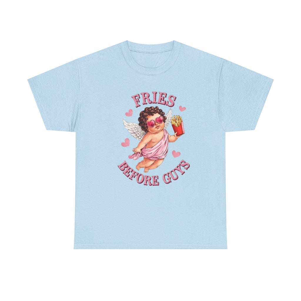 Fries Before Guys Valentine T‑Shirt — Cute Cupid with Fries Tee