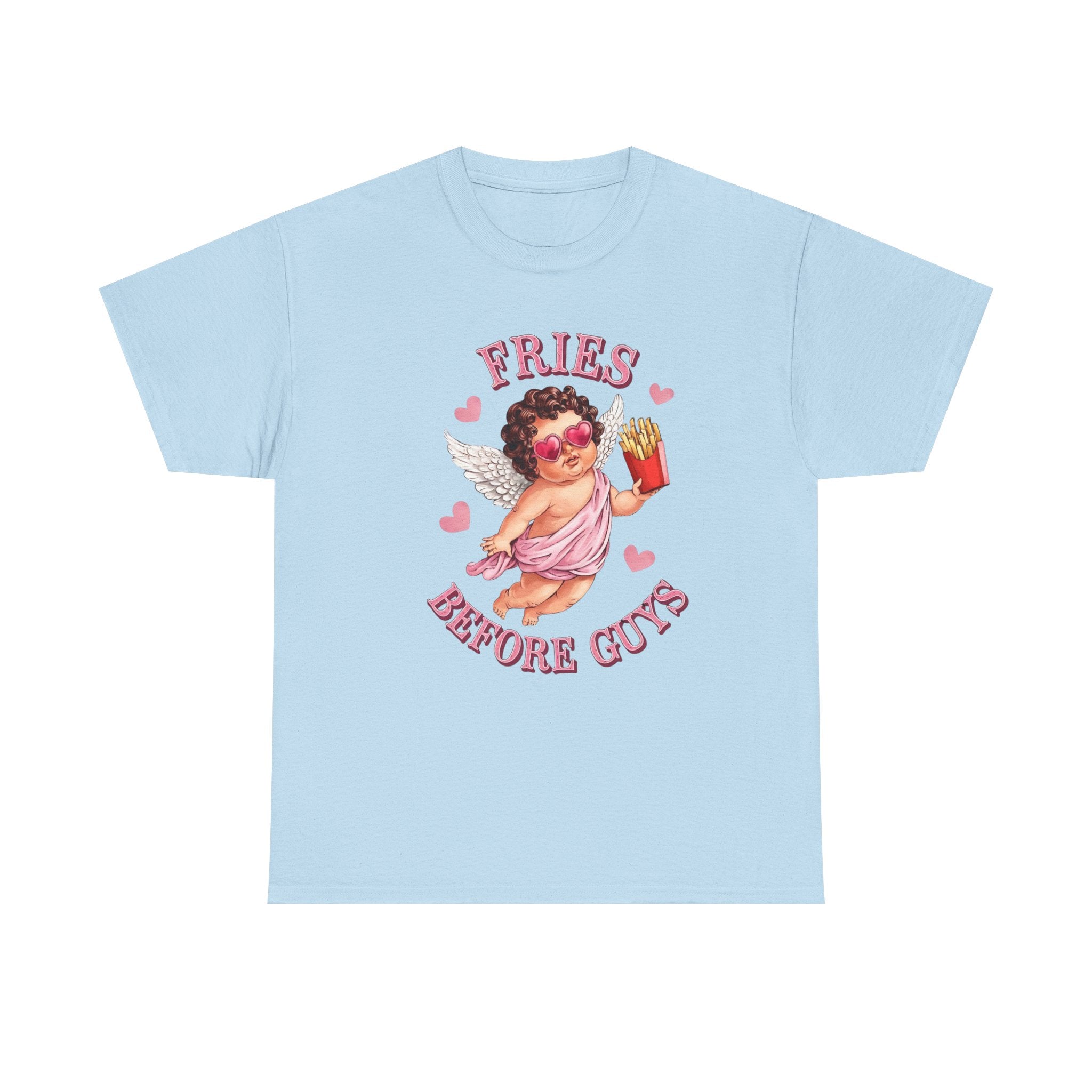 Fries Before Guys Valentine T‑Shirt — Cute Cupid with Fries Tee