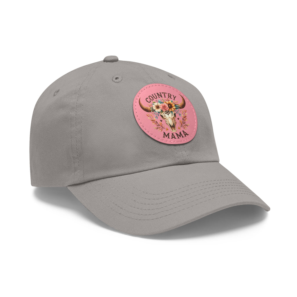 Country Mama Leather Patch Dad Hat — Floral Bull Skull Cap