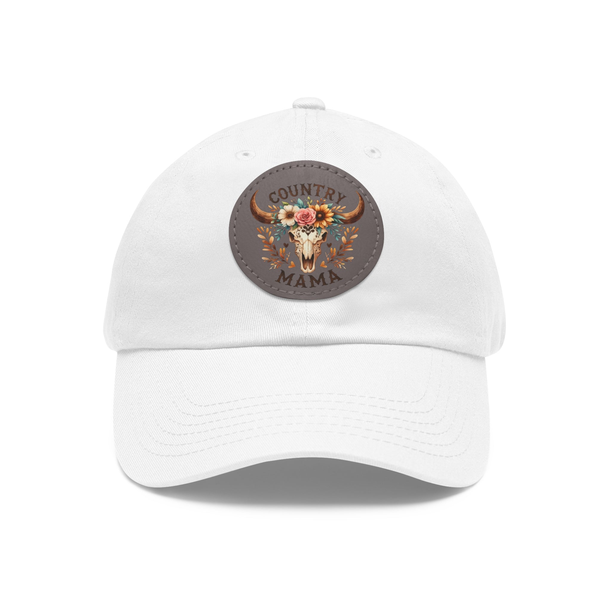 Country Mama Leather Patch Dad Hat — Floral Bull Skull Cap