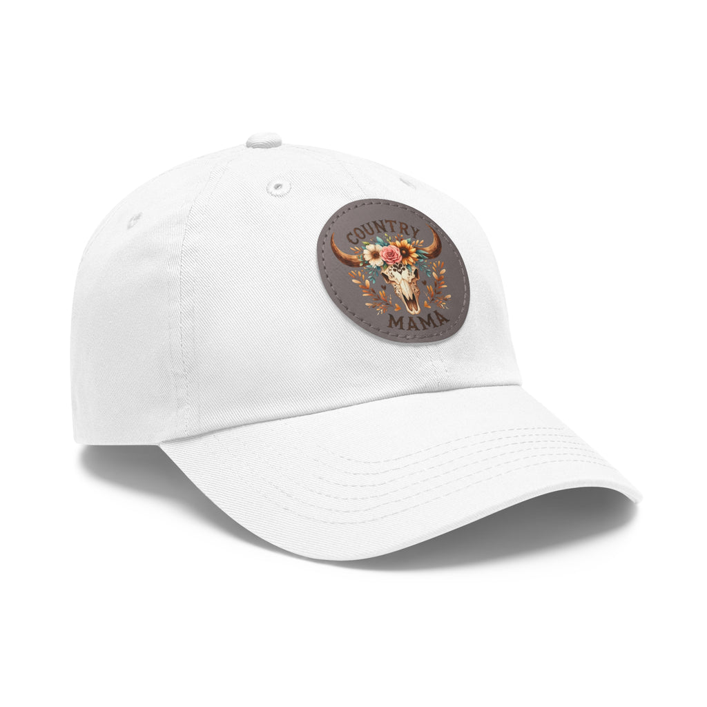 Country Mama Leather Patch Dad Hat — Floral Bull Skull Cap